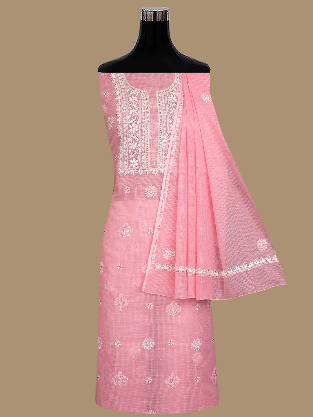 Ada Hand Embroidered Pink Kota Lucknowi Chikankari Unstitched Kurta Dupatta Set With Zari Work 01A549049
