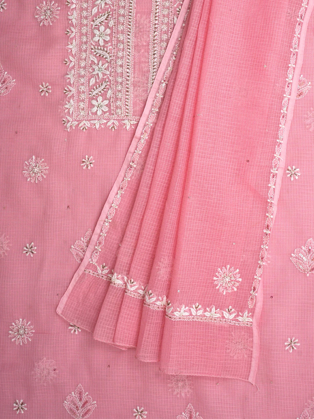 Ada Hand Embroidered Pink Kota Lucknowi Chikankari Unstitched Kurta Dupatta Set With Zari Work 01A549049