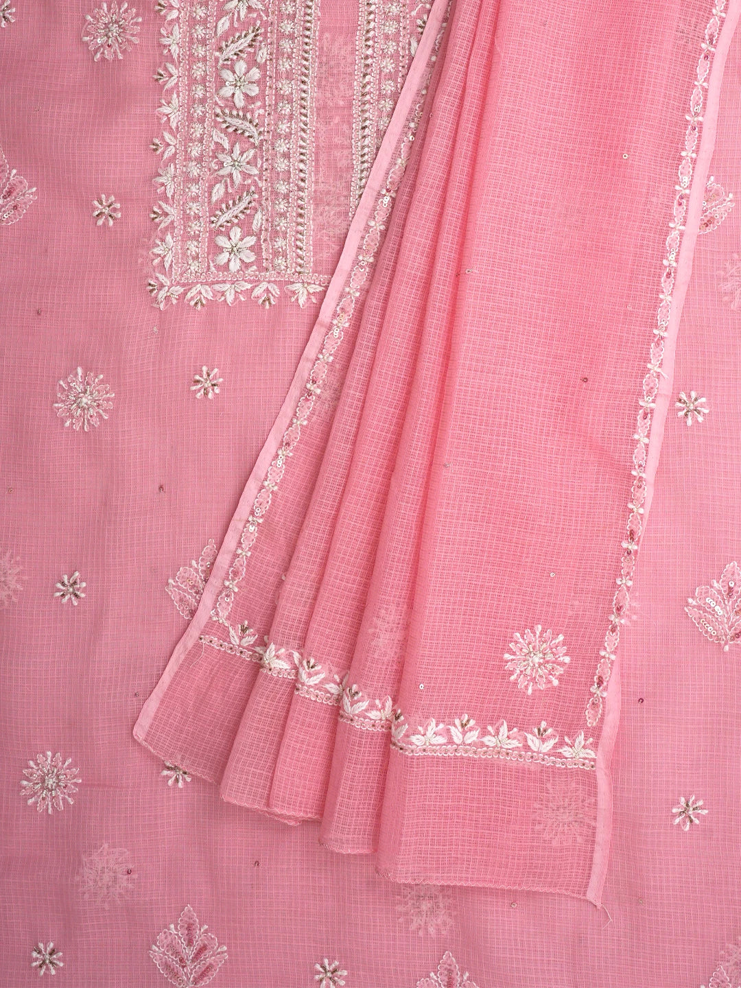 Ada Hand Embroidered Pink Kota Lucknowi Chikankari Unstitched Kurta Dupatta Set With Zari Work 01A549049