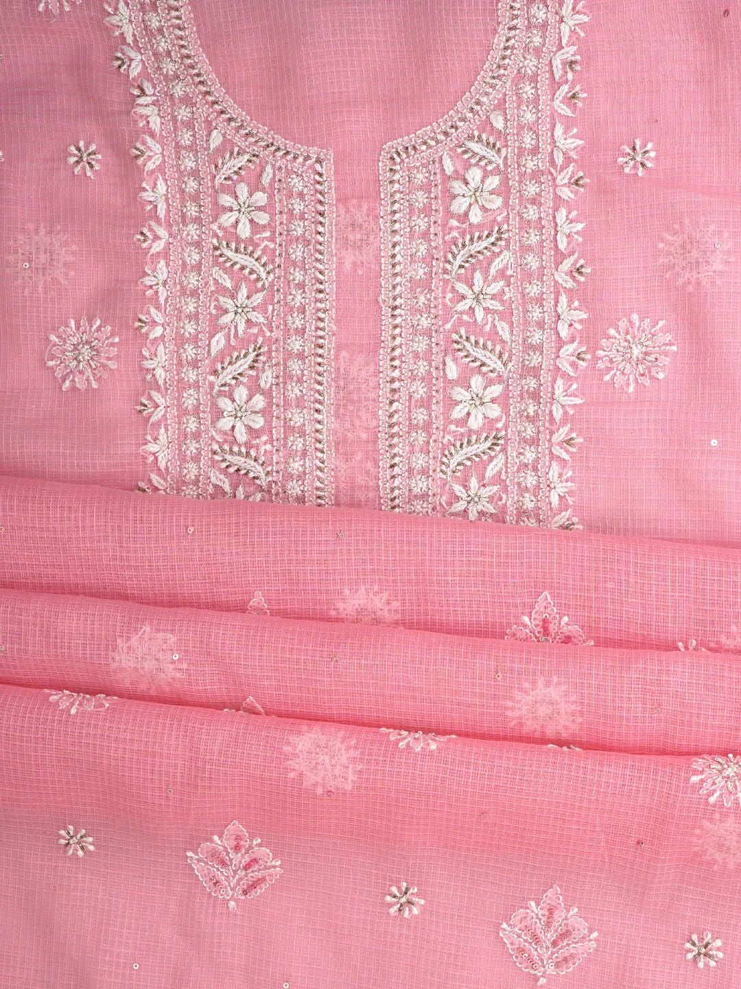 Ada Hand Embroidered Pink Kota Lucknowi Chikankari Unstitched Kurta Dupatta Set With Zari Work 01A549049