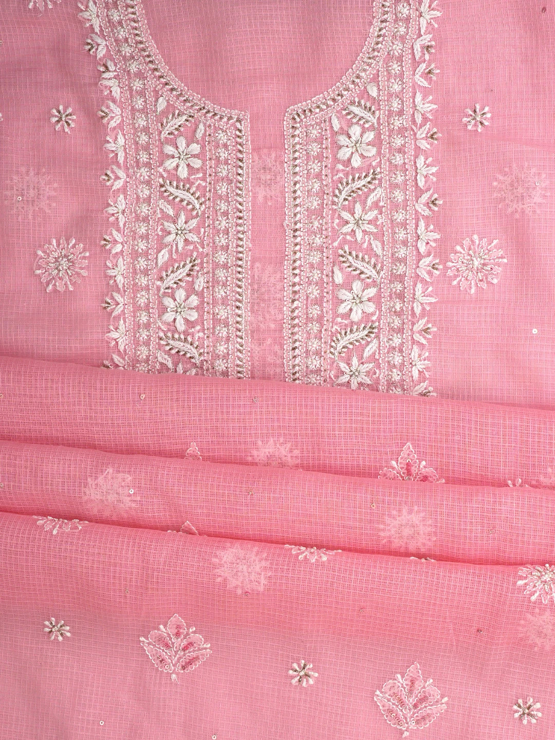 Ada Hand Embroidered Pink Kota Lucknowi Chikankari Unstitched Kurta Dupatta Set With Zari Work 01A549049