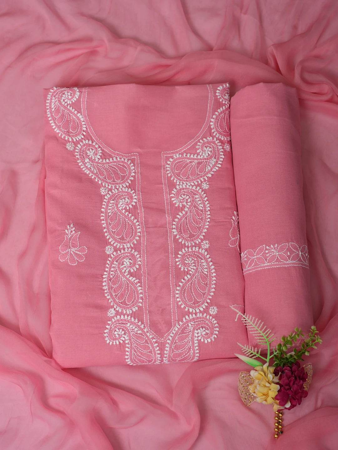 Ada Hand Embroidered Pink Cotton Lucknowi Chikankari Unstitched Suit Piece 01A847458