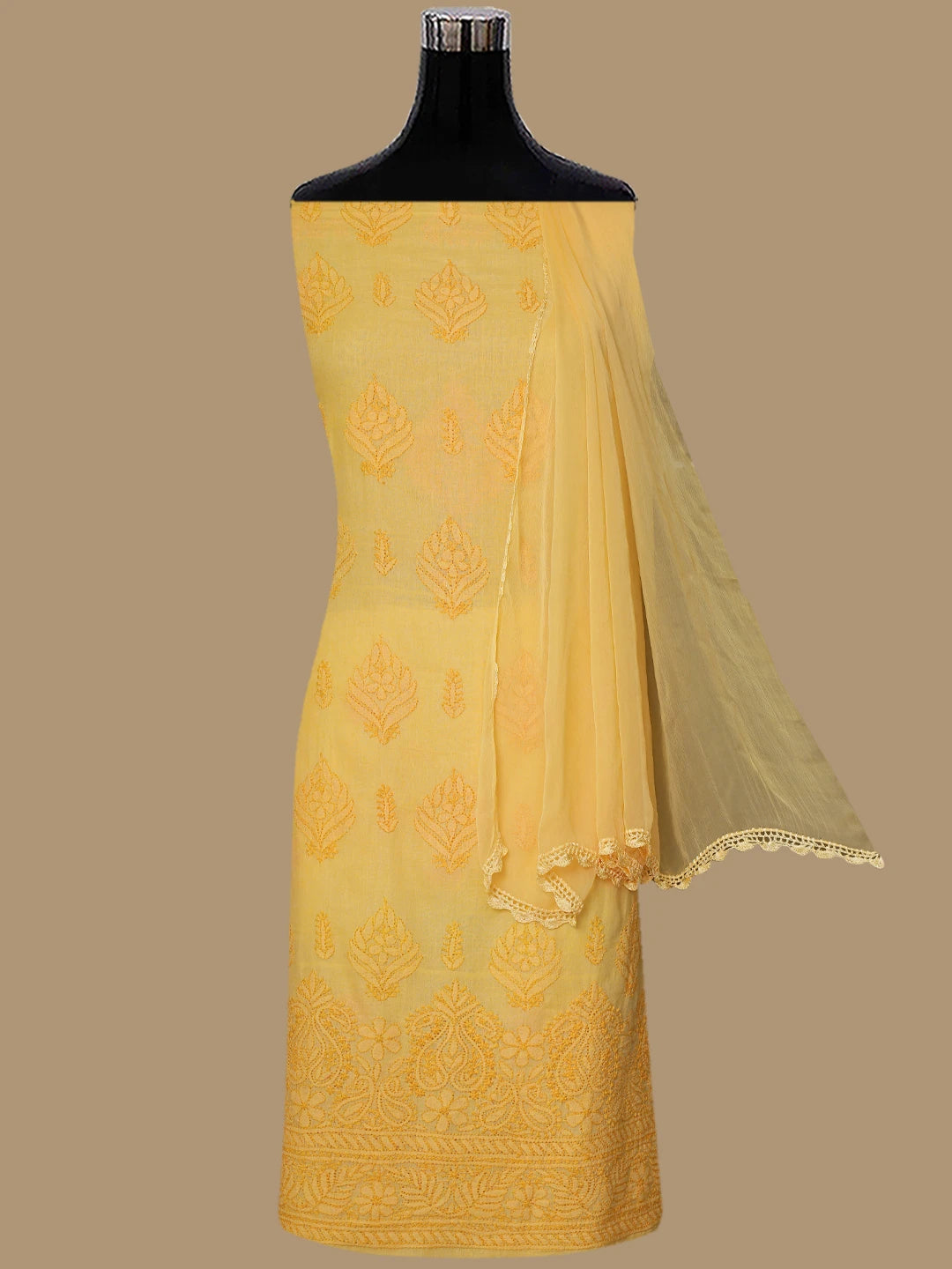 Ada Hand Embroidered Yellow Chanderi Lucknowi Chikankari Unstitched Suit Piece 01A406023