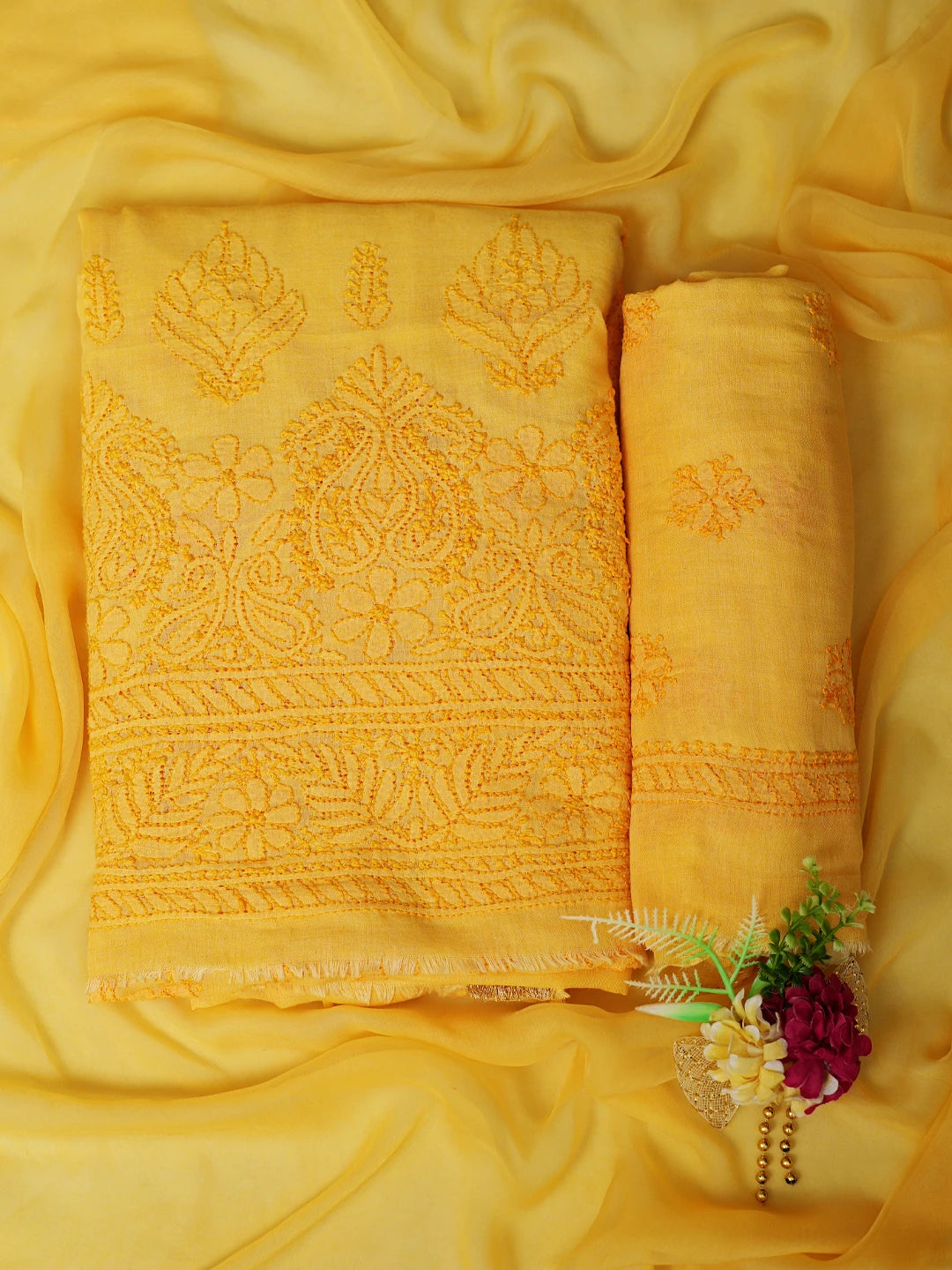 Ada Hand Embroidered Yellow Chanderi Lucknowi Chikankari Unstitched Suit Piece 01A406023