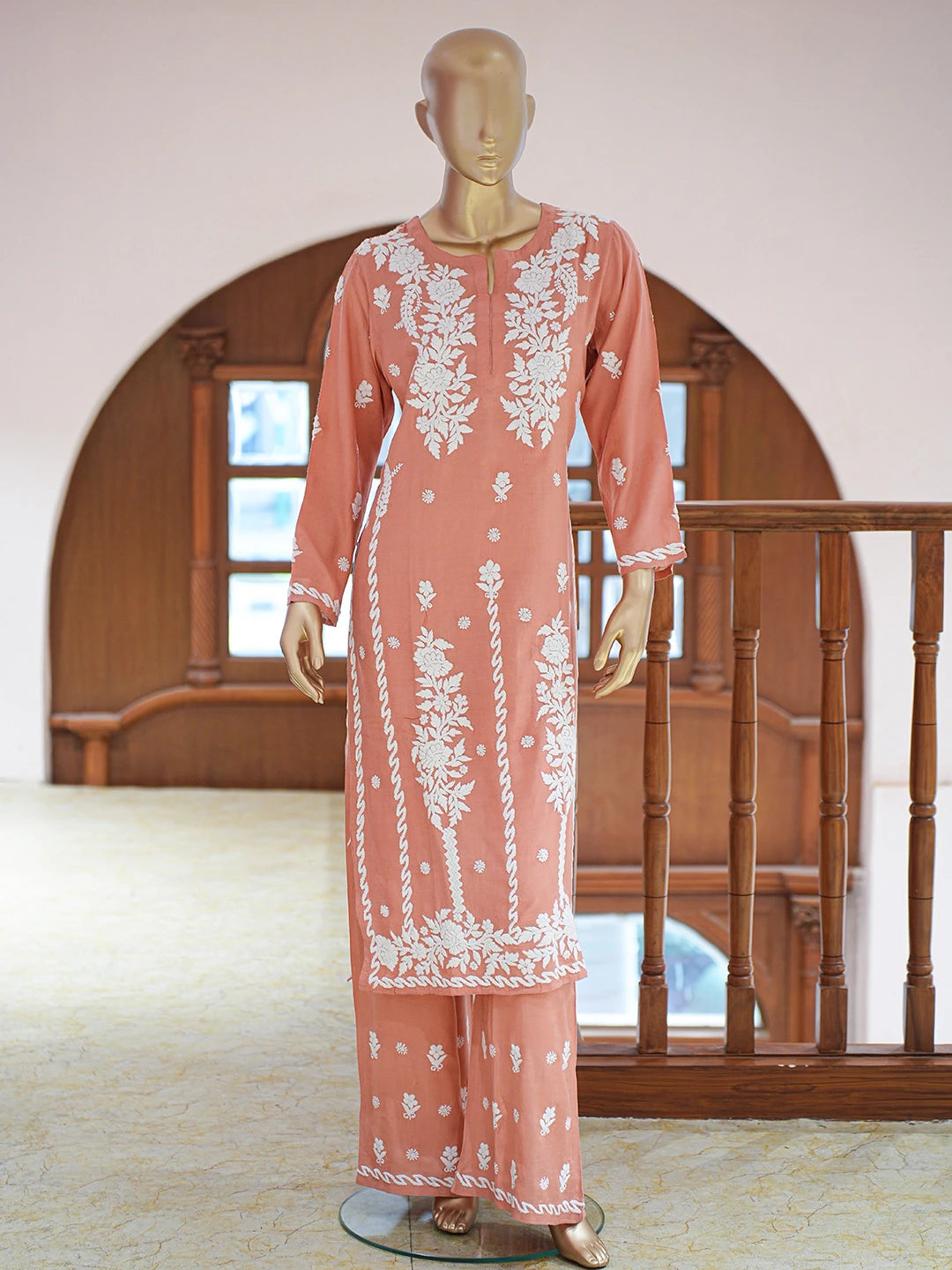 Ada Hand Embroidered Dusty Peach Muslin Lucknowi Chikankari Co-Ord Set 01A806814