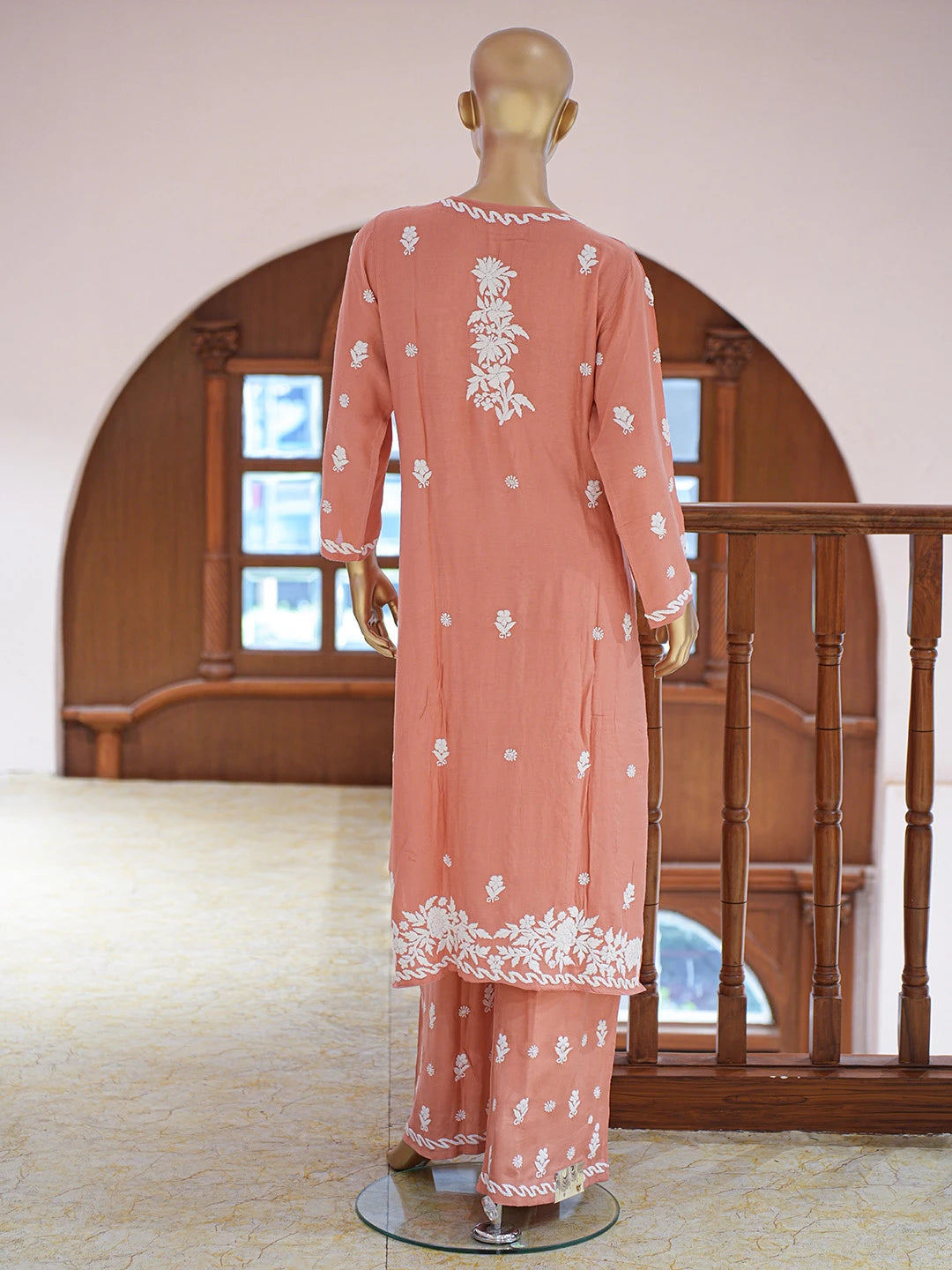 Ada Hand Embroidered Dusty Peach Muslin Lucknowi Chikankari Co-Ord Set 01A806814