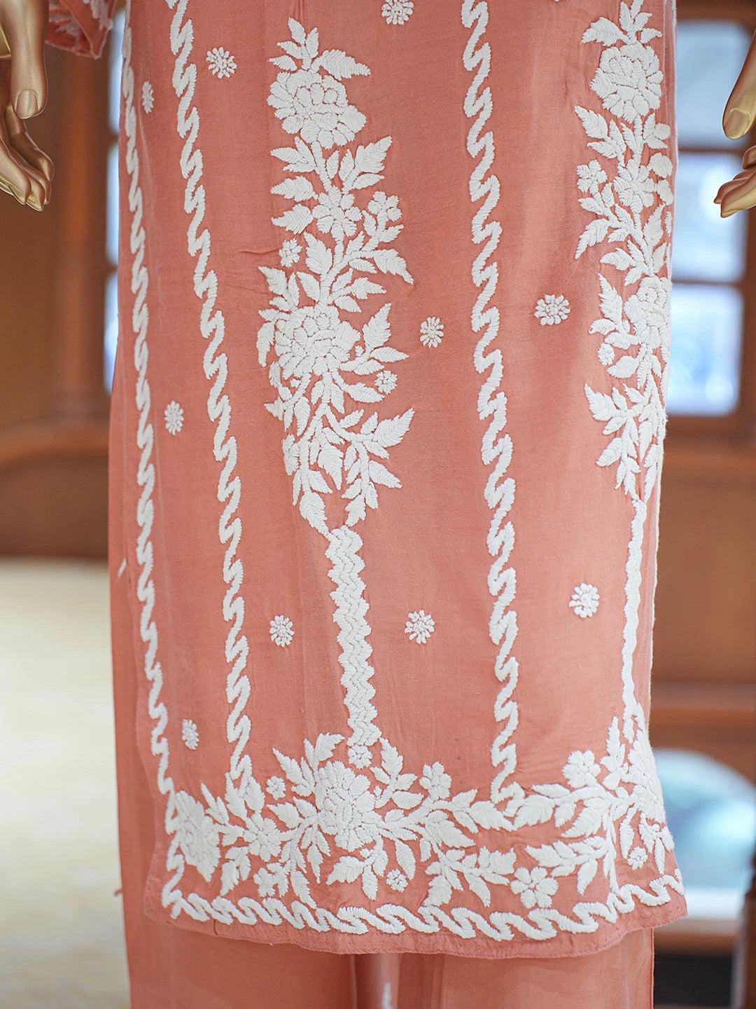 Ada Hand Embroidered Dusty Peach Muslin Lucknowi Chikankari Co-Ord Set 01A806814