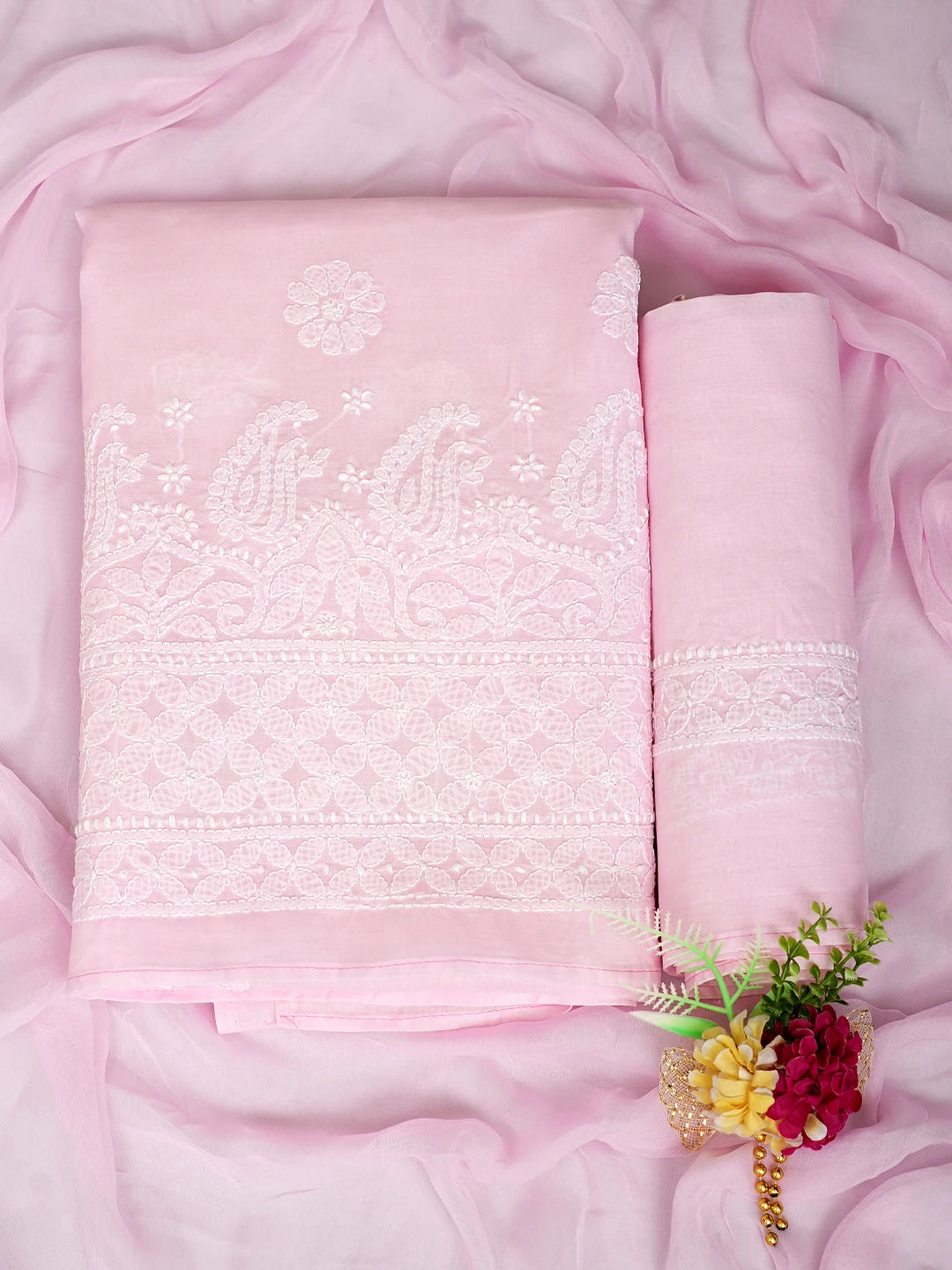 Ada Hand Embroidered Pink Cotton Lucknowi Chikankari Unstitched Suit Piece 01A819036