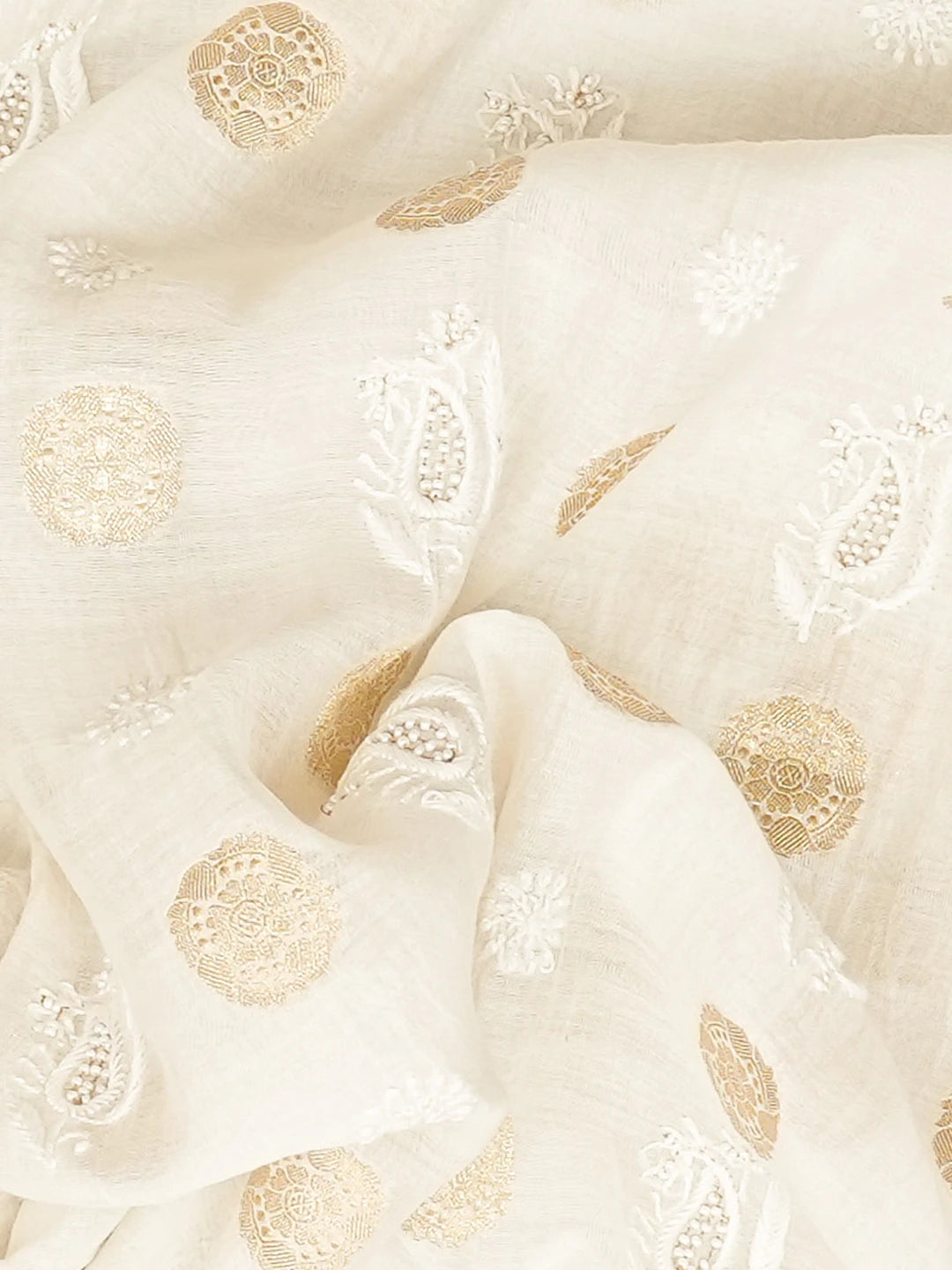 Ada Hand Embroidered White Cornsilk Chanderi Lucknowi Chikankari Unstitched Men's Kurta Piece With Pearl Work 01A837140