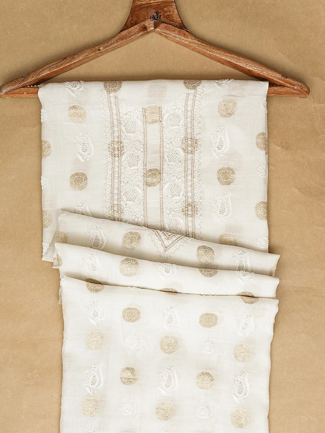 Ada Hand Embroidered White Cornsilk Chanderi Lucknowi Chikankari Unstitched Men's Kurta Piece With Pearl Work 01A837140