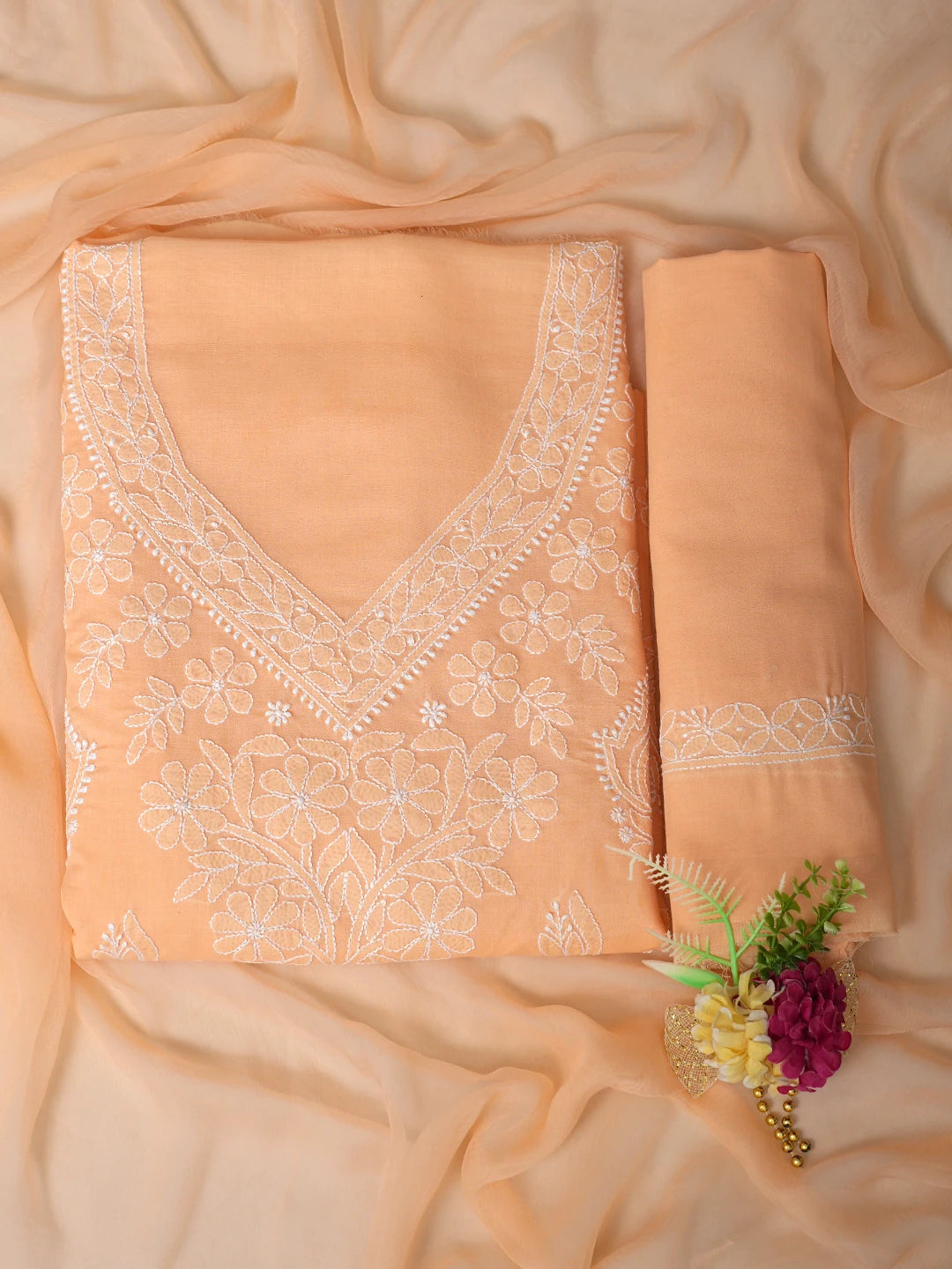 Ada Hand Embroidered Peach Cotton Lucknowi Chikankari Unstitched Suit Piece 01A847466