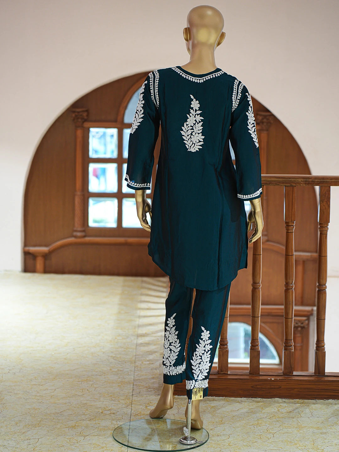 Ada Hand Embroidered Midnight Green Chanderi Silk Lucknowi Chikankari Co-Ord Set 01A832609