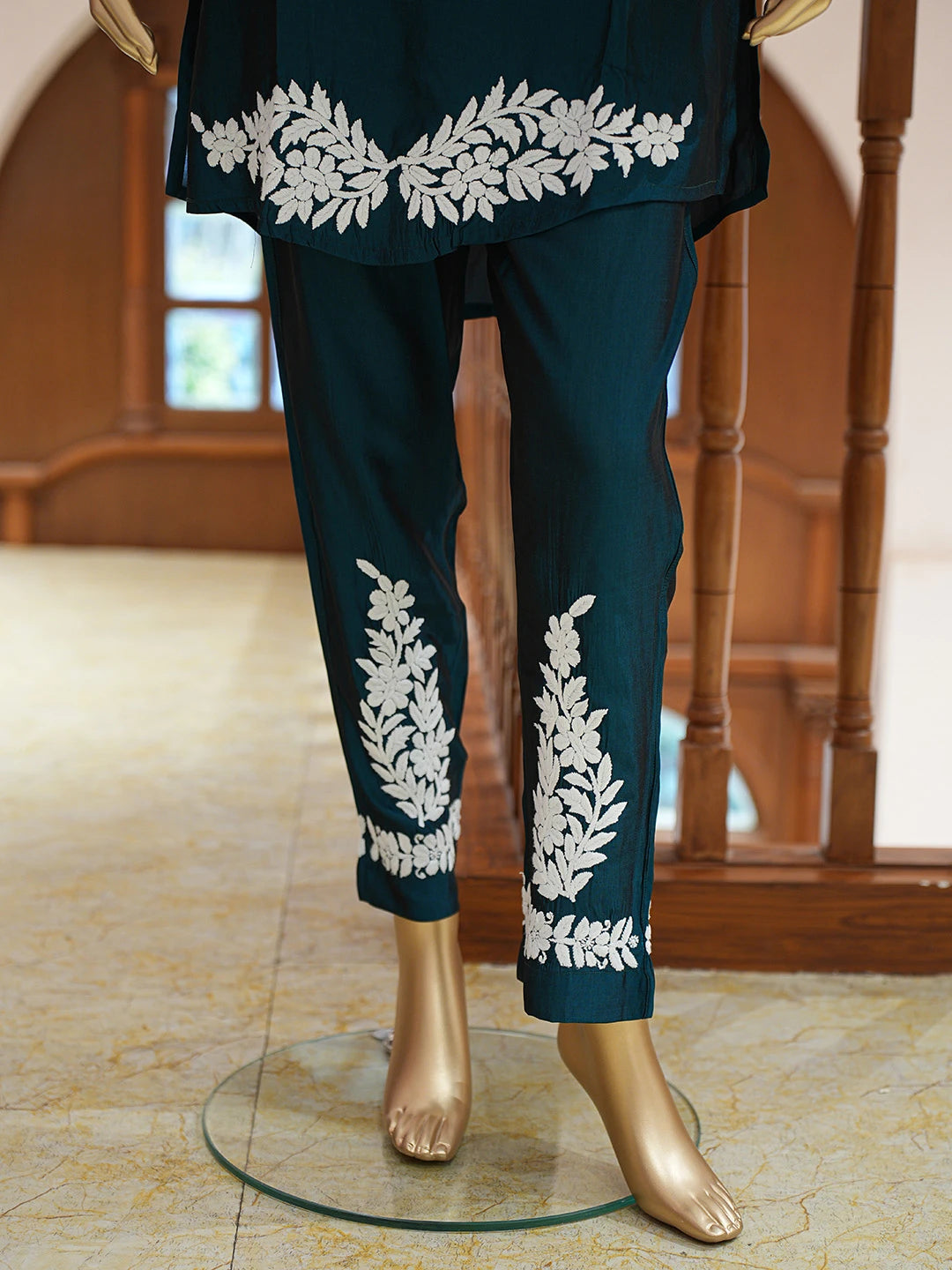 Ada Hand Embroidered Midnight Green Chanderi Silk Lucknowi Chikankari Co-Ord Set 01A832609