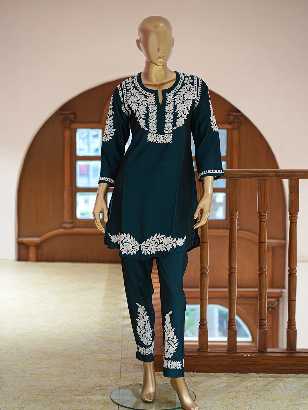 Ada Hand Embroidered Midnight Green Chanderi Silk Lucknowi Chikankari Co-Ord Set 01A832609