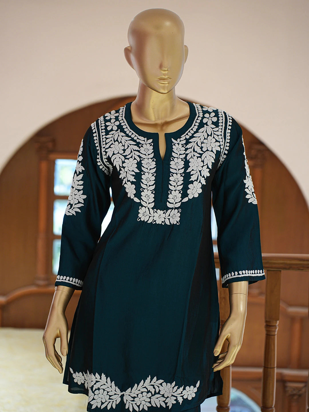 Ada Hand Embroidered Midnight Green Chanderi Silk Lucknowi Chikankari Co-Ord Set 01A832609