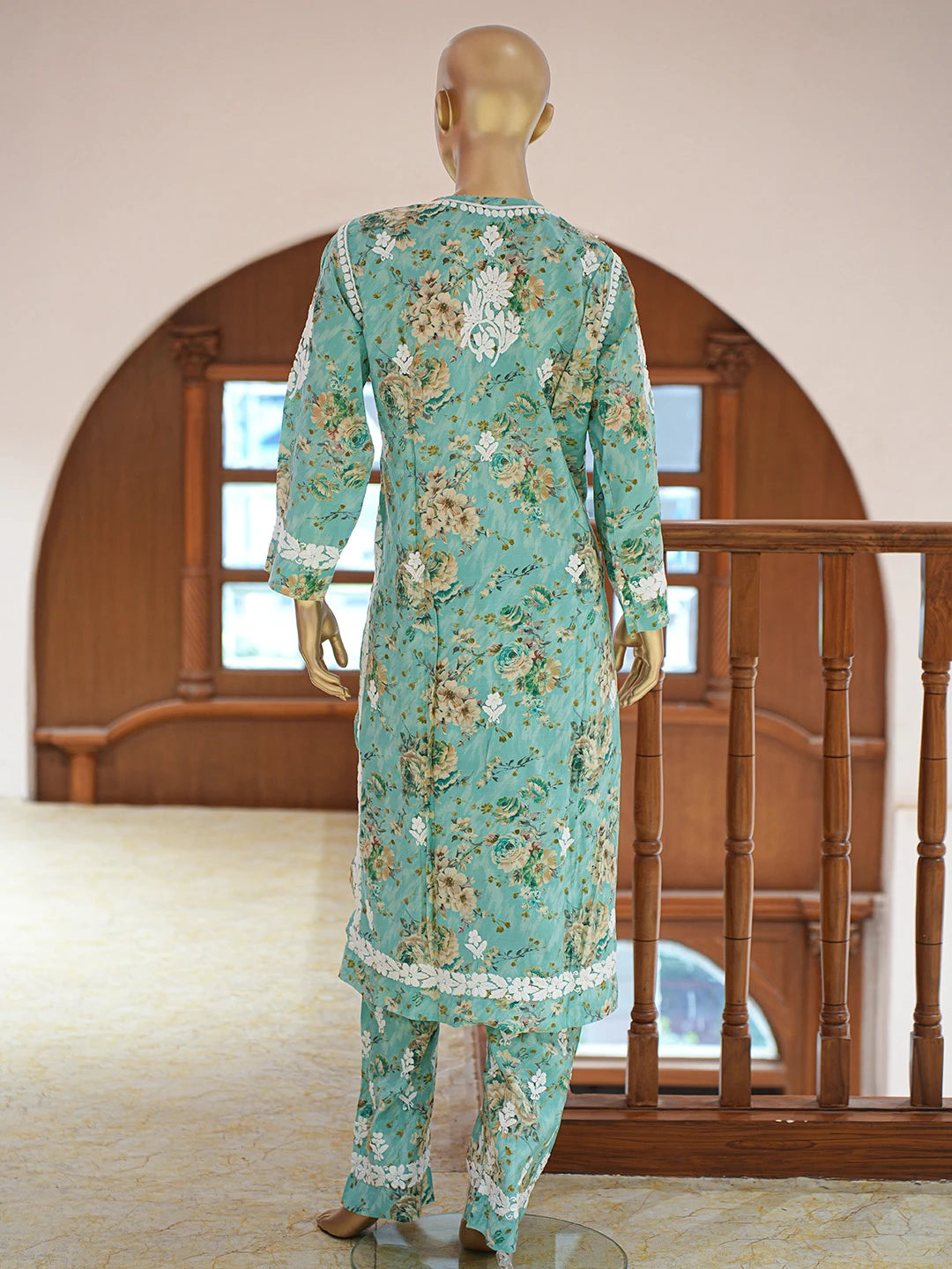 Ada Hand Embroidered Floral Printed Sea Green Chanderi Silk Lucknowi Chikankari Co-Ord Set 01A835195