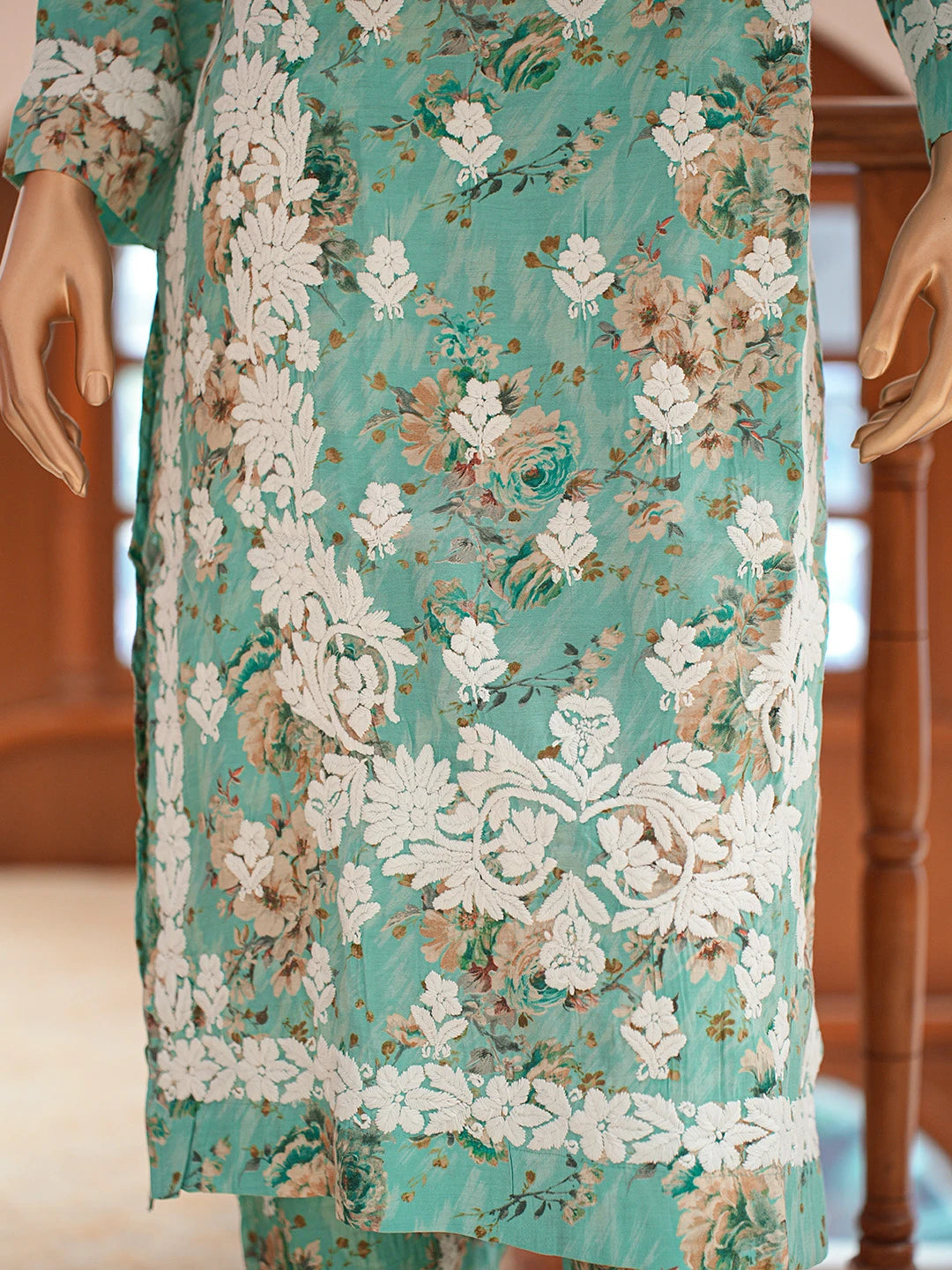 Ada Hand Embroidered Floral Printed Sea Green Chanderi Silk Lucknowi Chikankari Co-Ord Set 01A835195