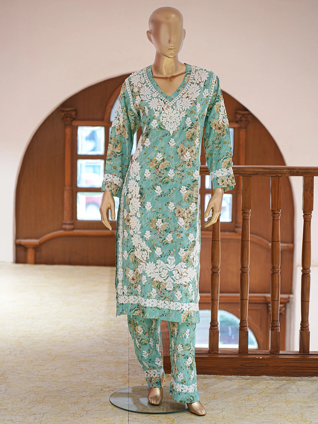 Ada Hand Embroidered Floral Printed Sea Green Chanderi Silk Lucknowi Chikankari Co-Ord Set 01A835195