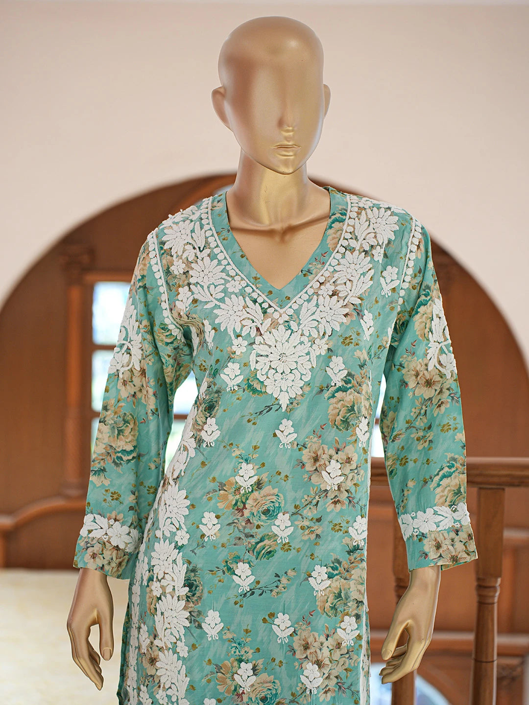 Ada Hand Embroidered Floral Printed Sea Green Chanderi Silk Lucknowi Chikankari Co-Ord Set 01A835195