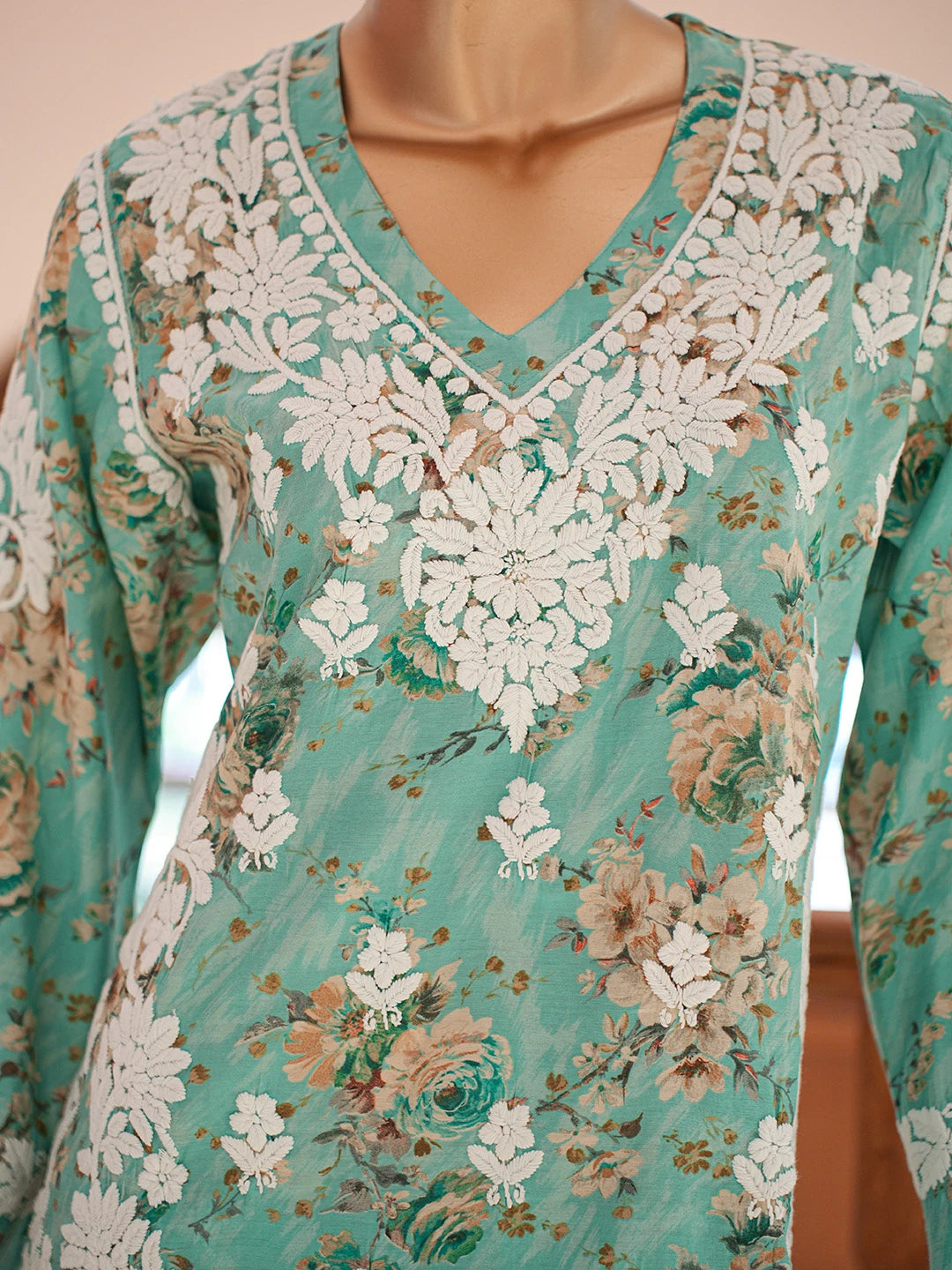 Ada Hand Embroidered Floral Printed Sea Green Chanderi Silk Lucknowi Chikankari Co-Ord Set 01A835195
