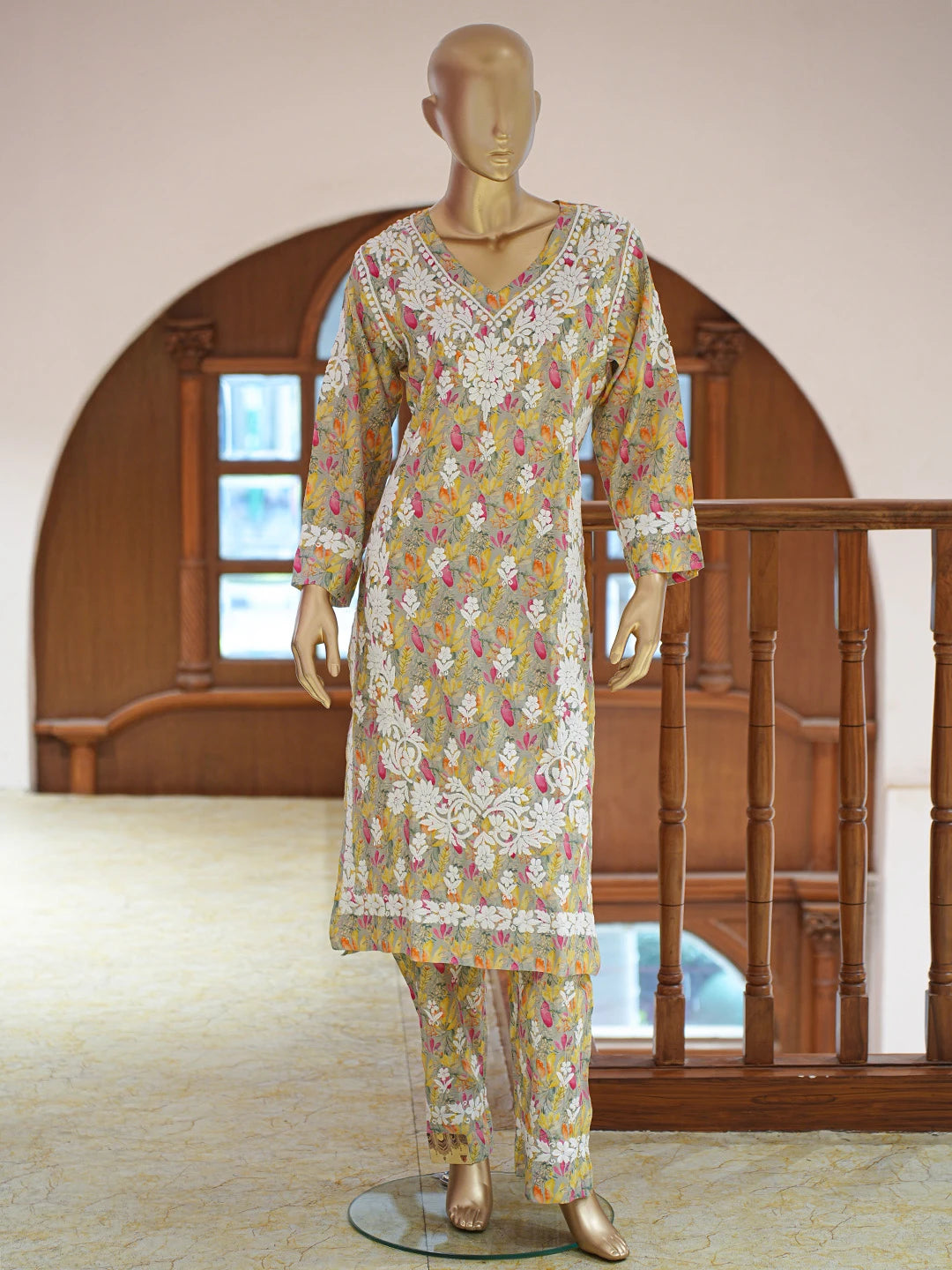 Ada Hand Embroidered Floral Printed Grey Chanderi Silk Lucknowi Chikankari Co-Ord Set 01A835352