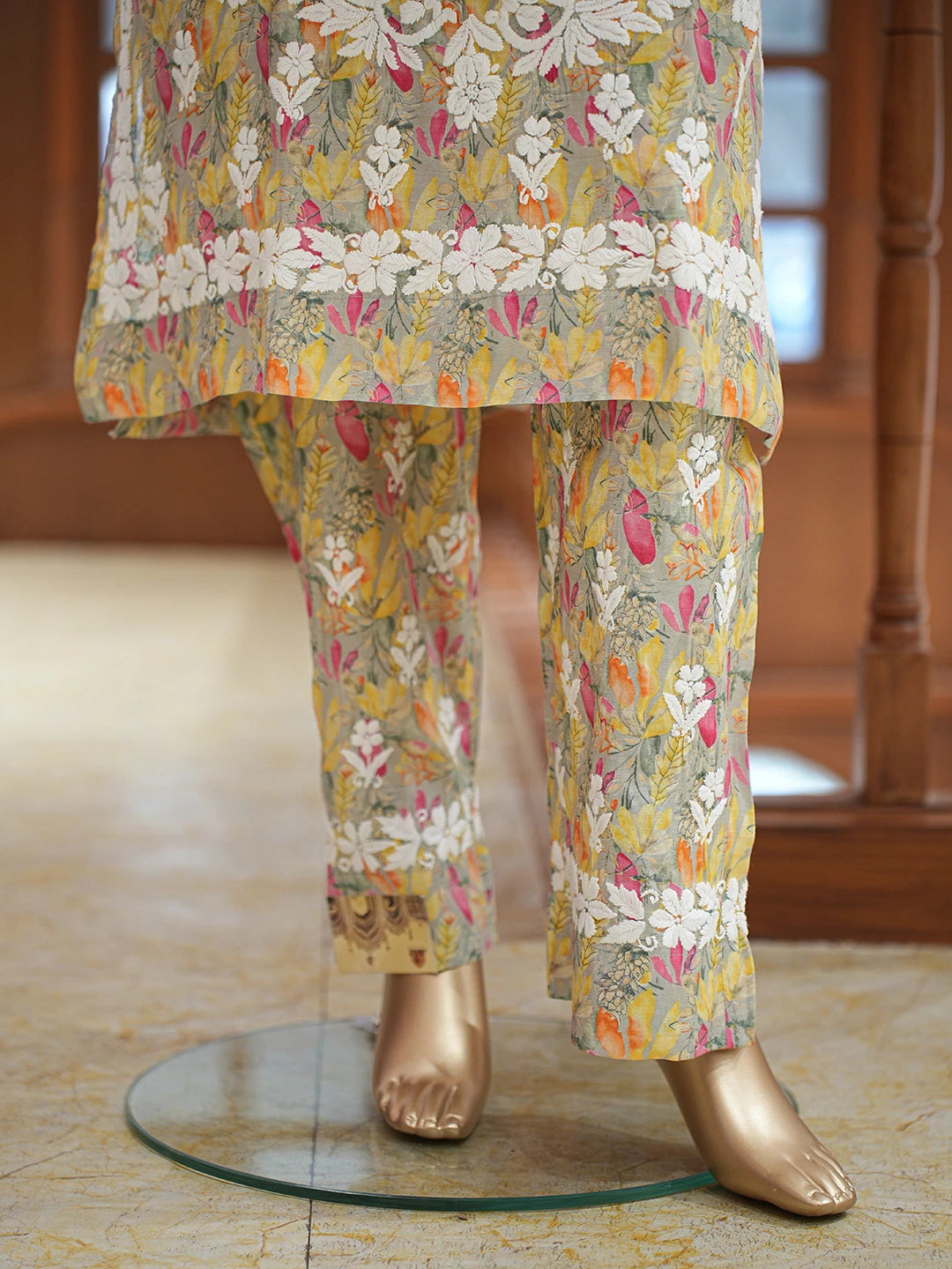 Ada Hand Embroidered Floral Printed Grey Chanderi Silk Lucknowi Chikankari Co-Ord Set 01A835352
