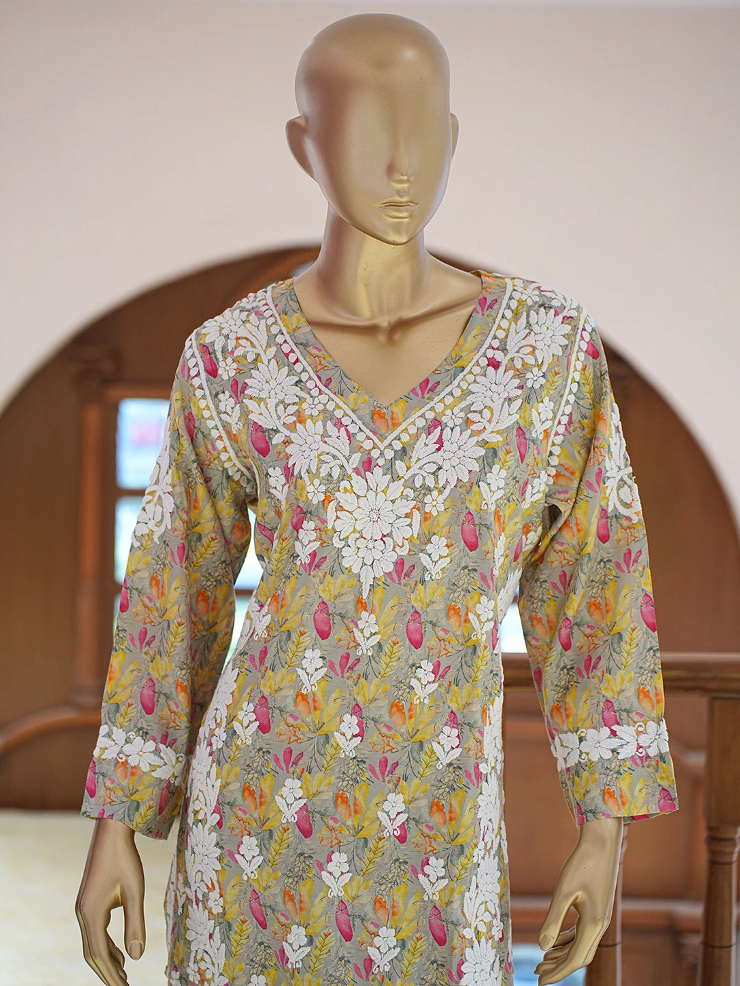Ada Hand Embroidered Floral Printed Grey Chanderi Silk Lucknowi Chikankari Co-Ord Set 01A835352