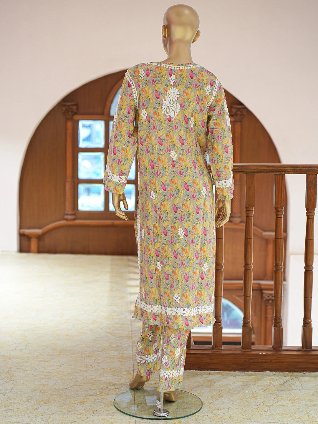 Ada Hand Embroidered Floral Printed Grey Chanderi Silk Lucknowi Chikankari Co-Ord Set 01A835352
