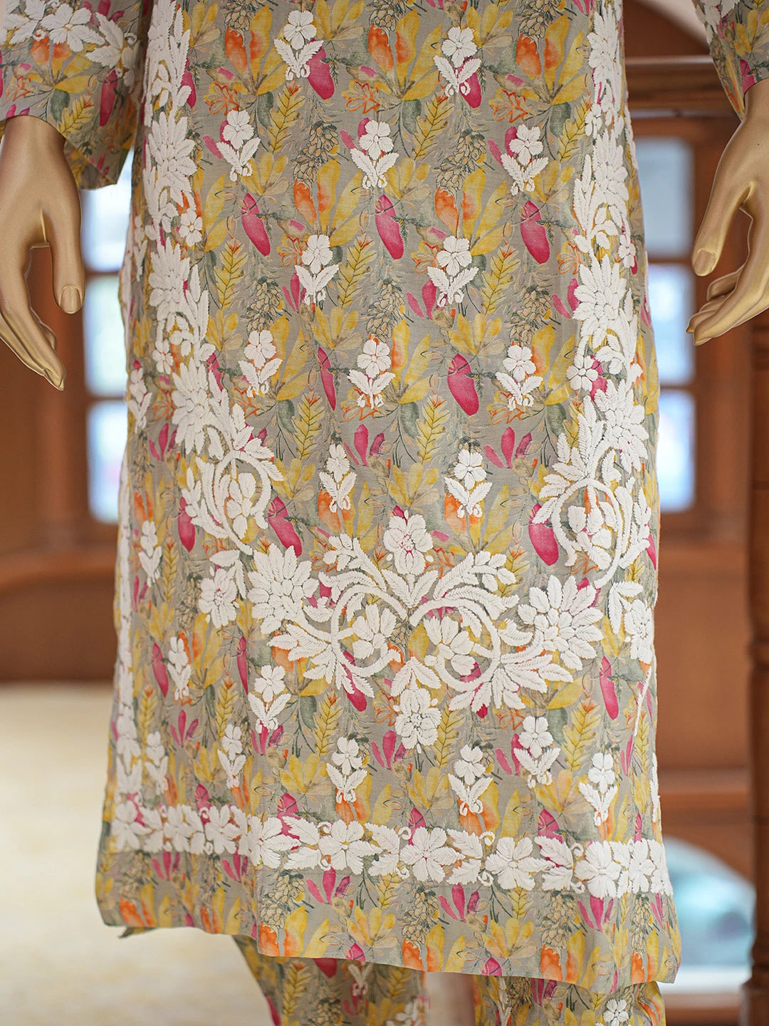 Ada Hand Embroidered Floral Printed Grey Chanderi Silk Lucknowi Chikankari Co-Ord Set 01A835352