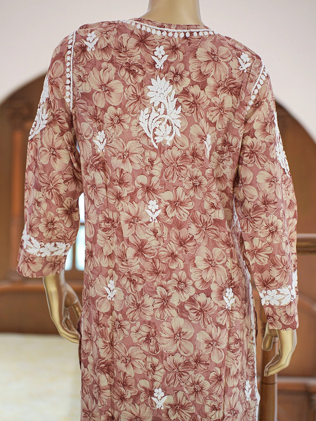Ada Hand Embroidered Floral Printed Dusty Peach Chanderi Silk Lucknowi Chikankari Co-Ord Set 01A835360