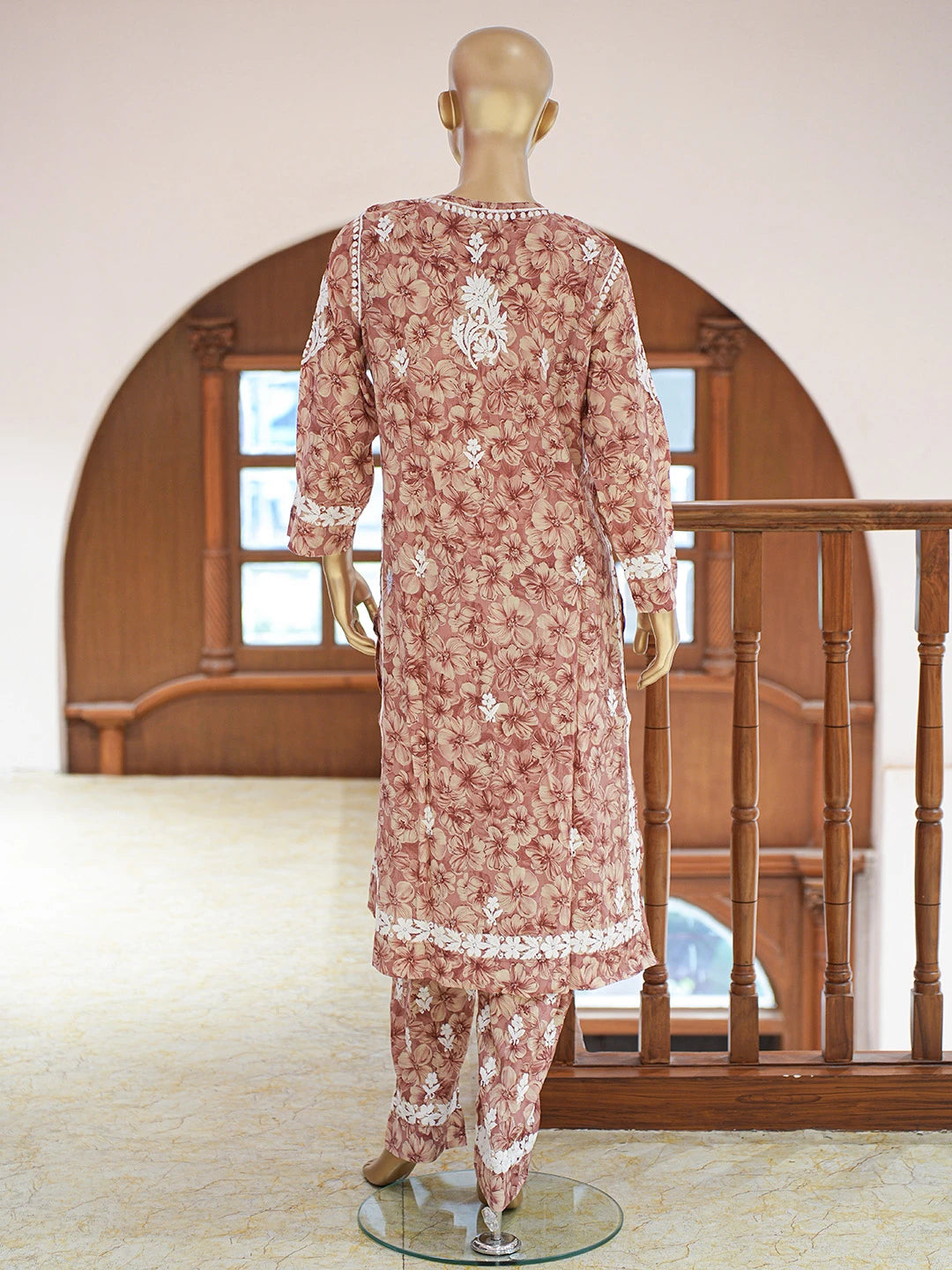 Ada Hand Embroidered Floral Printed Dusty Peach Chanderi Silk Lucknowi Chikankari Co-Ord Set 01A835360