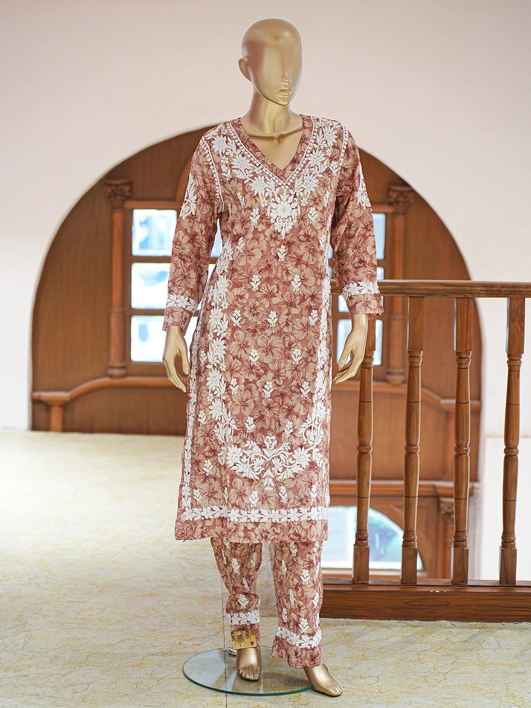 Ada Hand Embroidered Floral Printed Dusty Peach Chanderi Silk Lucknowi Chikankari Co-Ord Set 01A835360