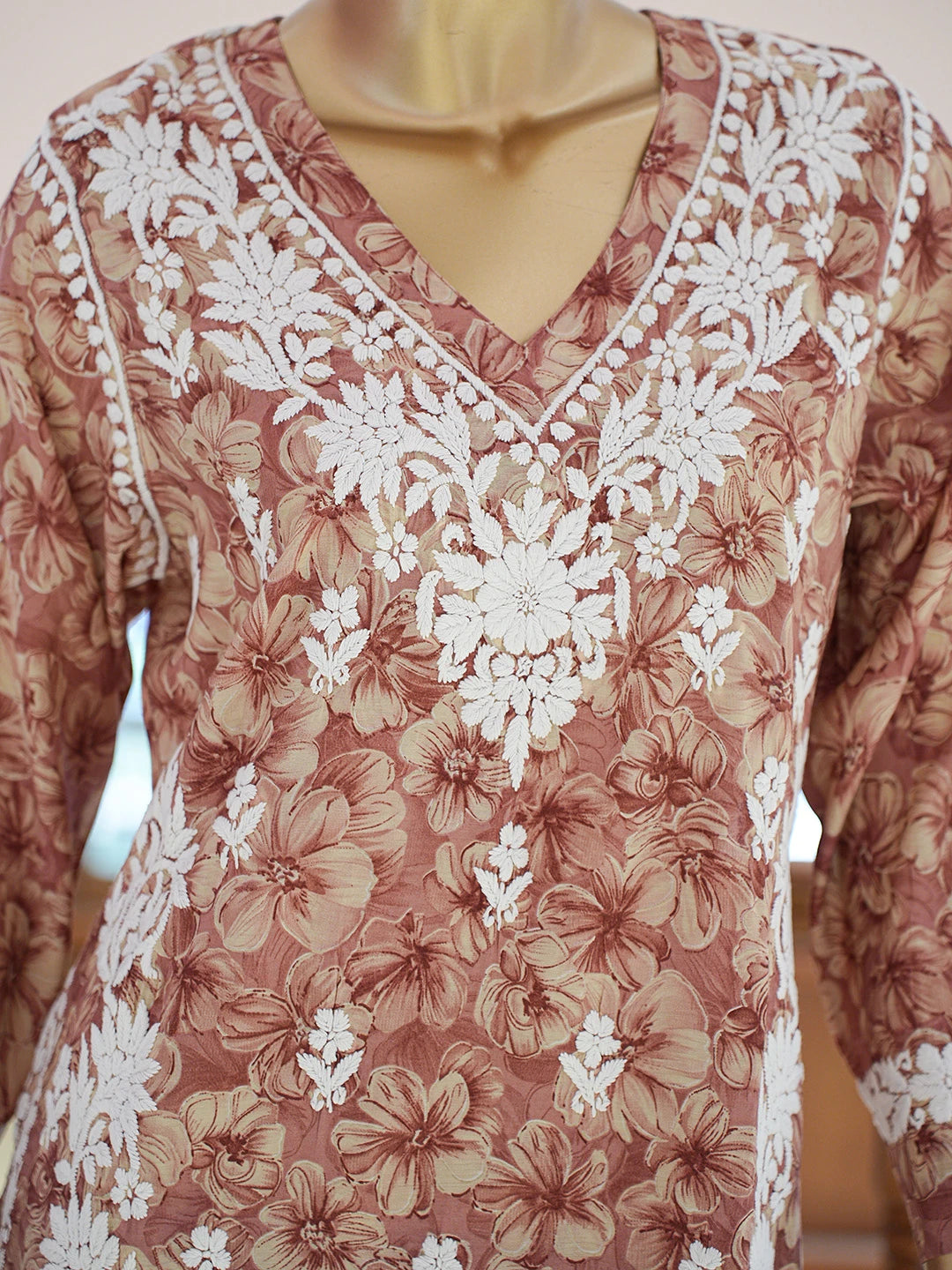 Ada Hand Embroidered Floral Printed Dusty Peach Chanderi Silk Lucknowi Chikankari Co-Ord Set 01A835360