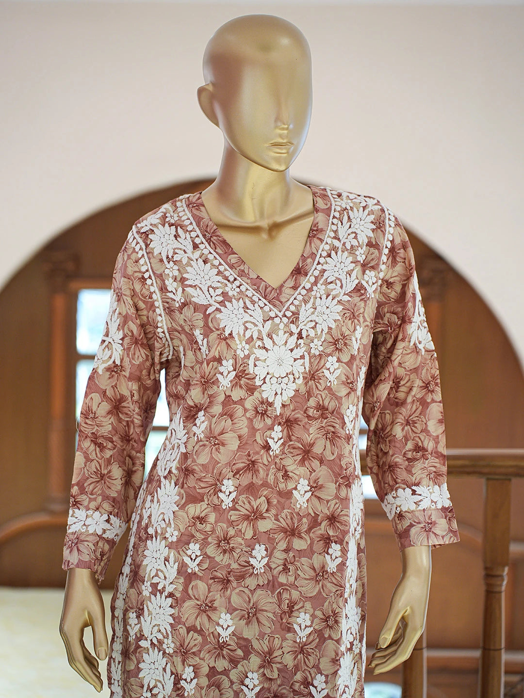 Ada Hand Embroidered Floral Printed Dusty Peach Chanderi Silk Lucknowi Chikankari Co-Ord Set 01A835360