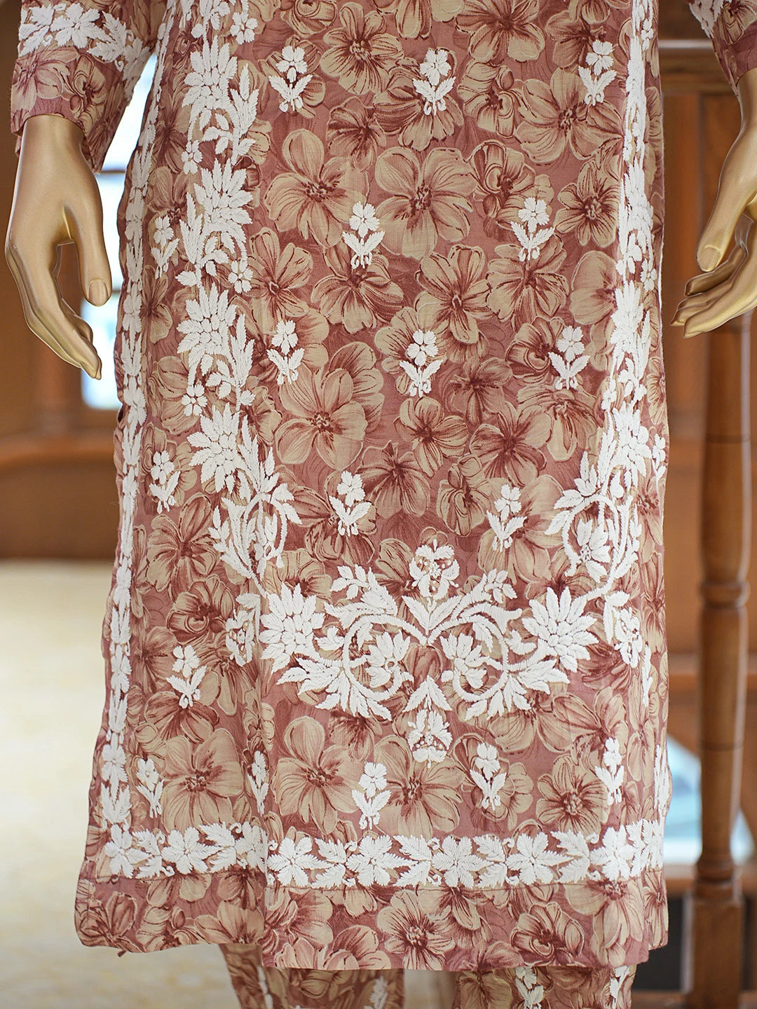 Ada Hand Embroidered Floral Printed Dusty Peach Chanderi Silk Lucknowi Chikankari Co-Ord Set 01A835360