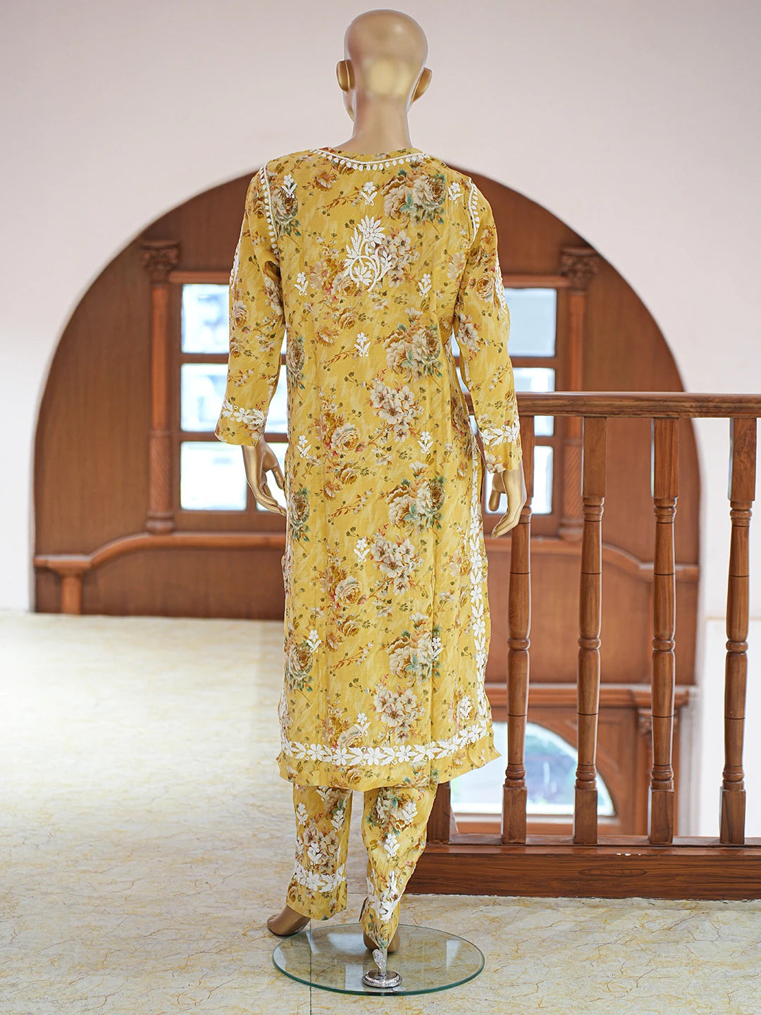 Ada Hand Embroidered Floral Printed Yellow Chanderi Silk Lucknowi Chikankari Co-Ord Set 01A835212