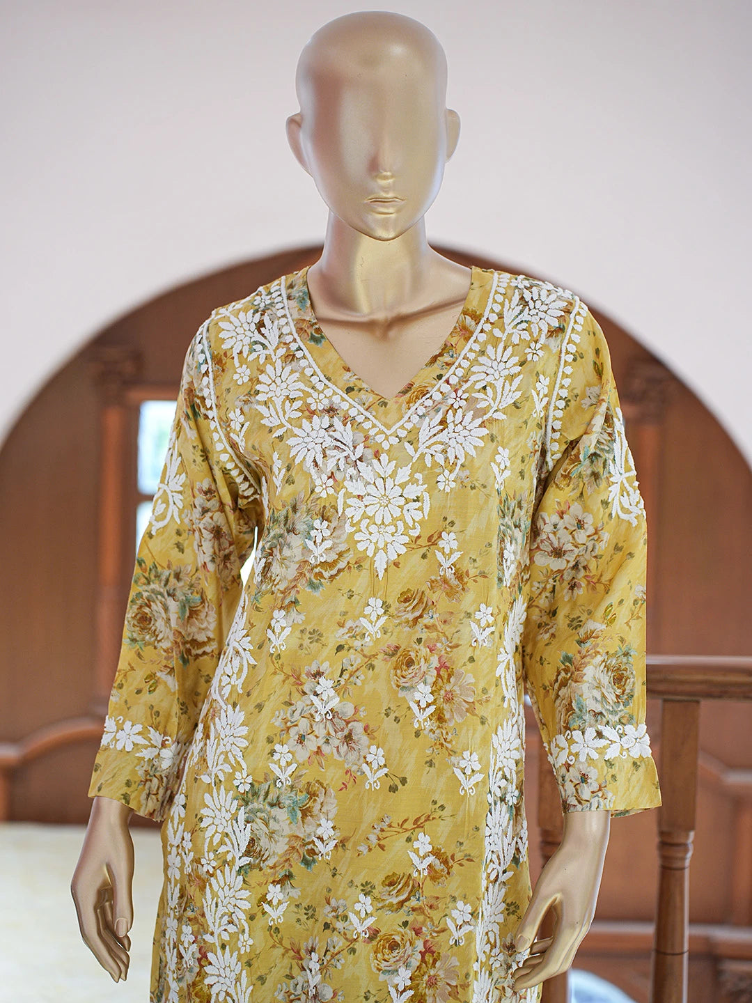 Ada Hand Embroidered Floral Printed Yellow Chanderi Silk Lucknowi Chikankari Co-Ord Set 01A835212