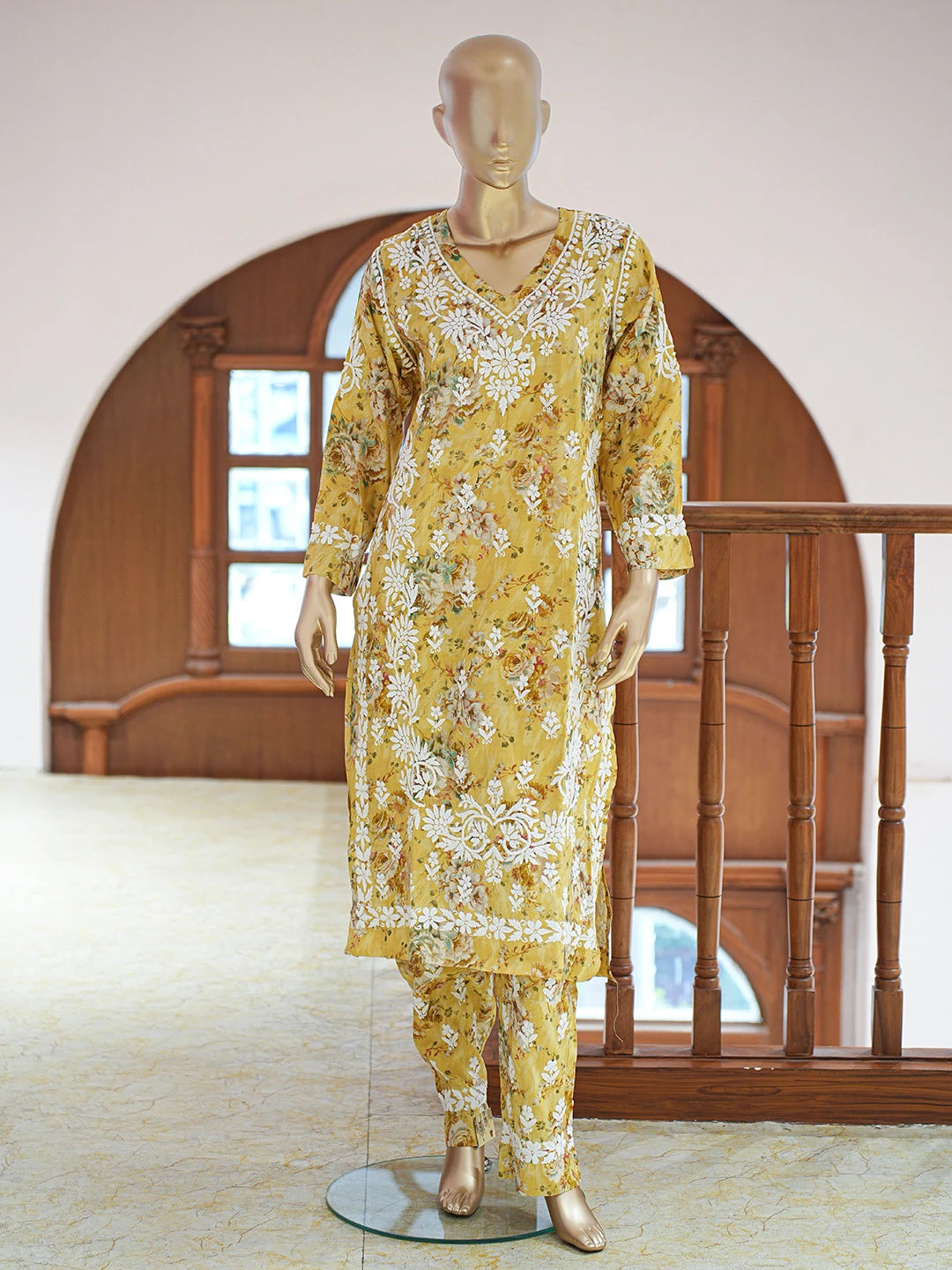 Ada Hand Embroidered Floral Printed Yellow Chanderi Silk Lucknowi Chikankari Co-Ord Set 01A835212