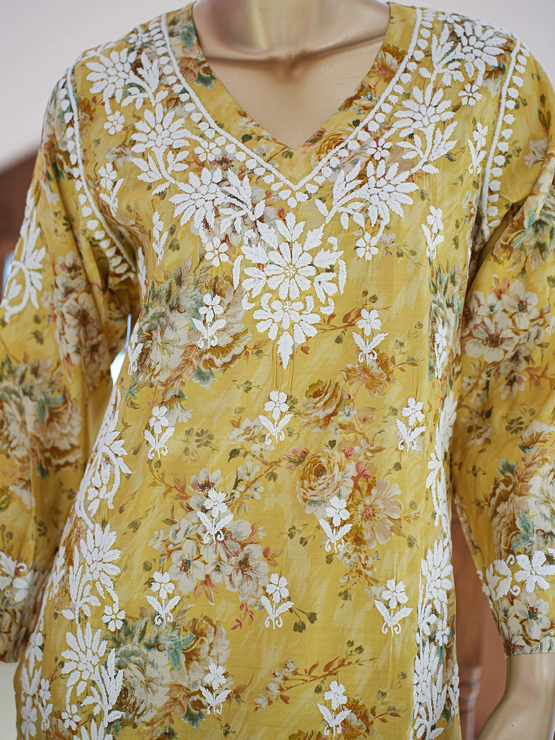 Ada Hand Embroidered Floral Printed Yellow Chanderi Silk Lucknowi Chikankari Co-Ord Set 01A835212