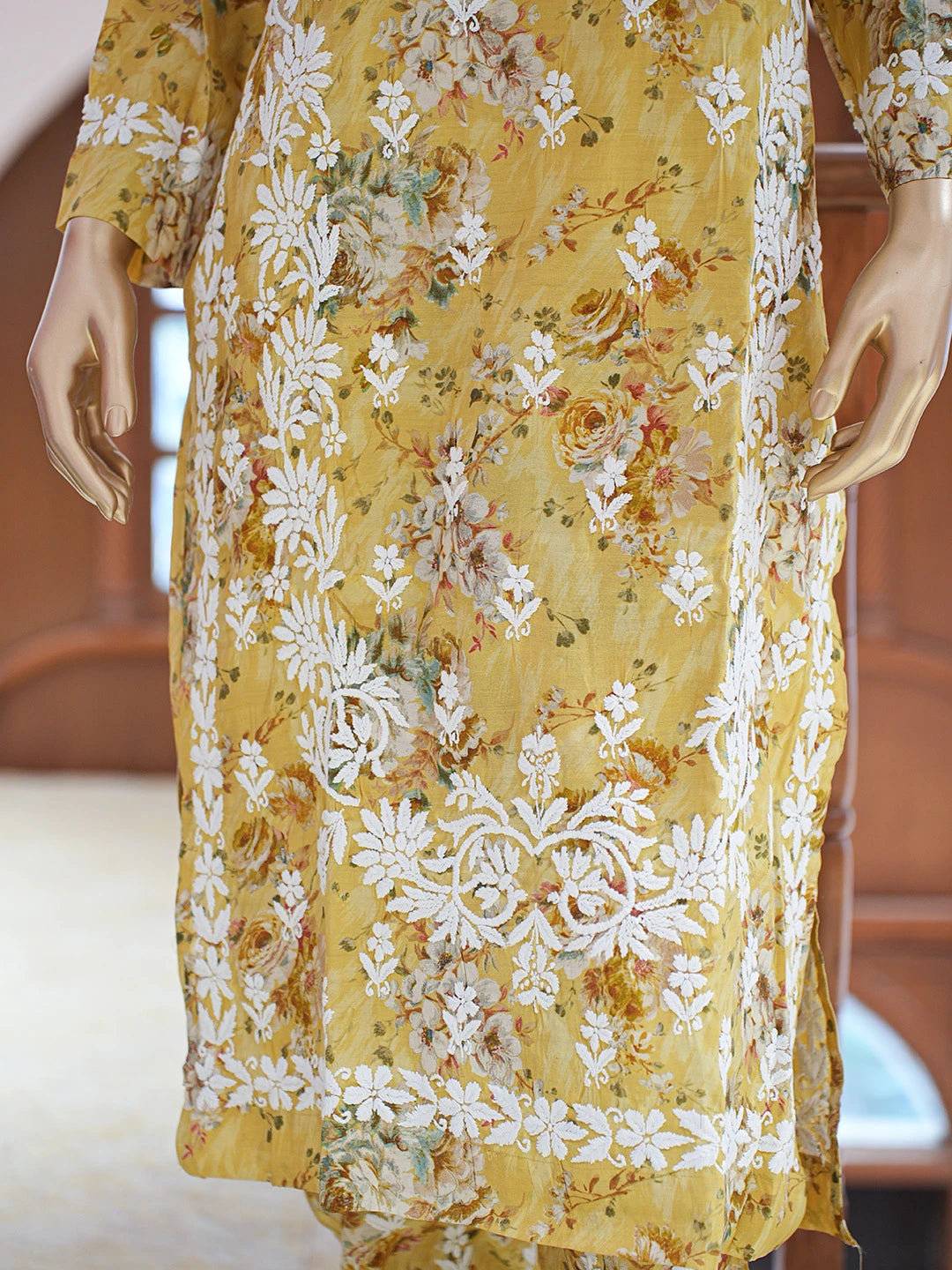 Ada Hand Embroidered Floral Printed Yellow Chanderi Silk Lucknowi Chikankari Co-Ord Set 01A835212