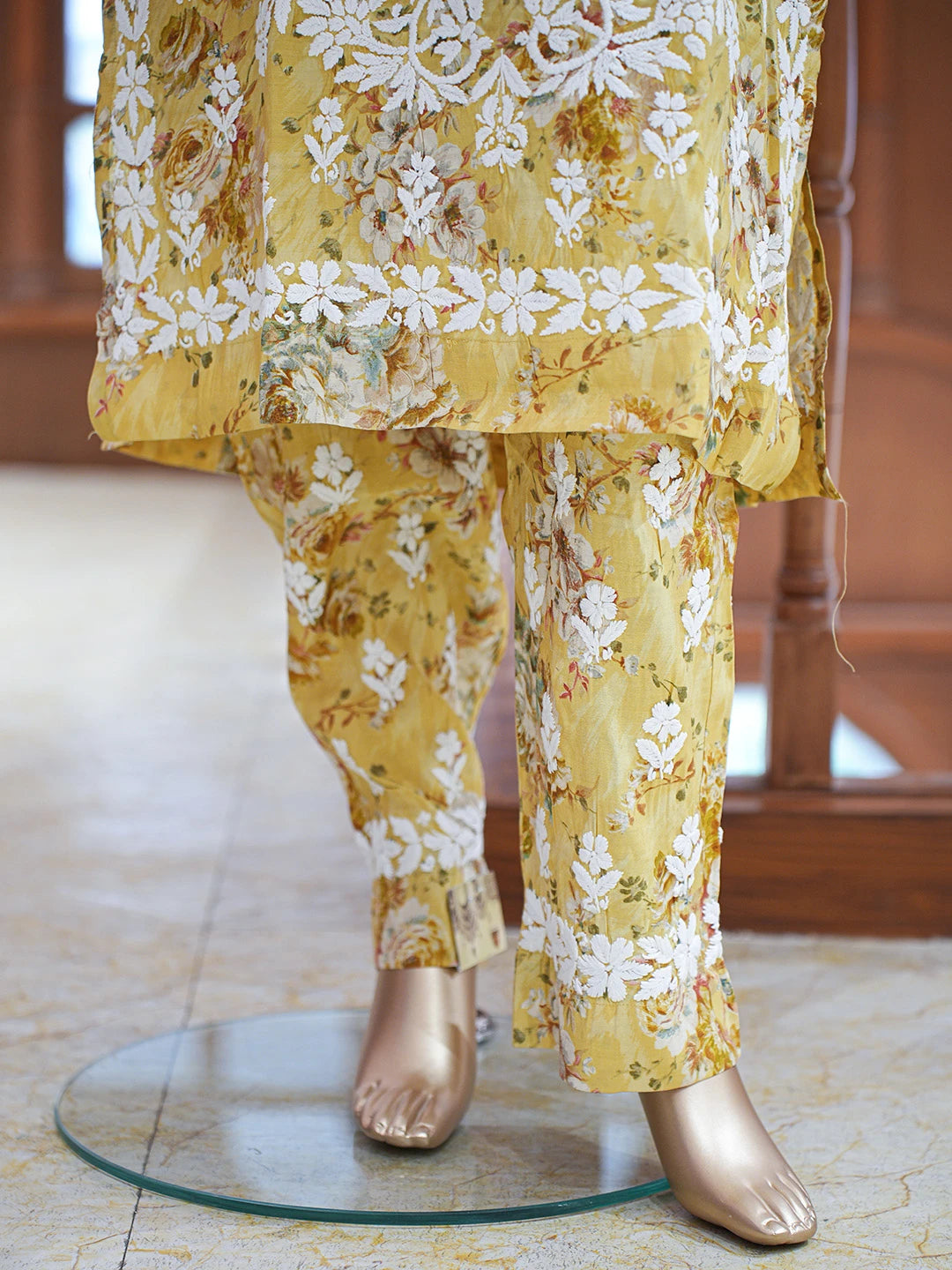 Ada Hand Embroidered Floral Printed Yellow Chanderi Silk Lucknowi Chikankari Co-Ord Set 01A835212