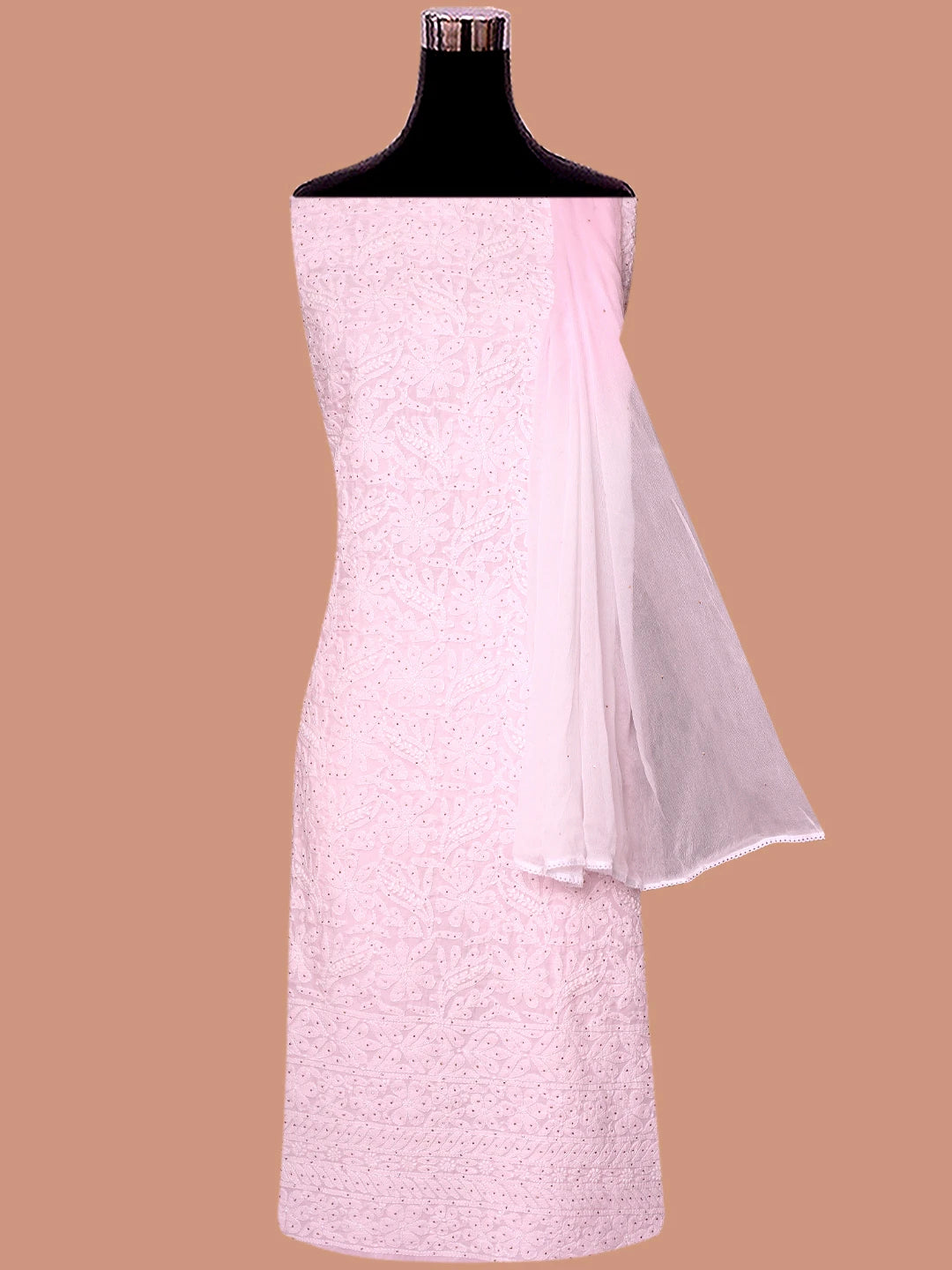 Ada Hand Embroidered Pink Cotton Lucknowi Chikankari Unstitched Suit Piece With Mukaish Work 01A847352