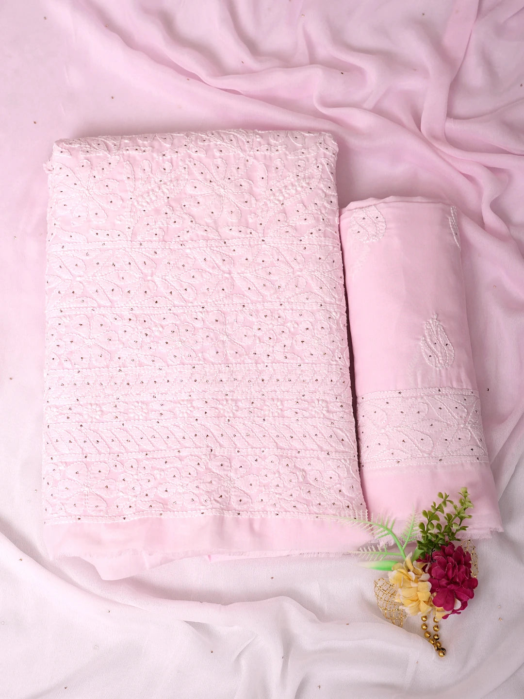 Ada Hand Embroidered Pink Cotton Lucknowi Chikankari Unstitched Suit Piece With Mukaish Work 01A847352