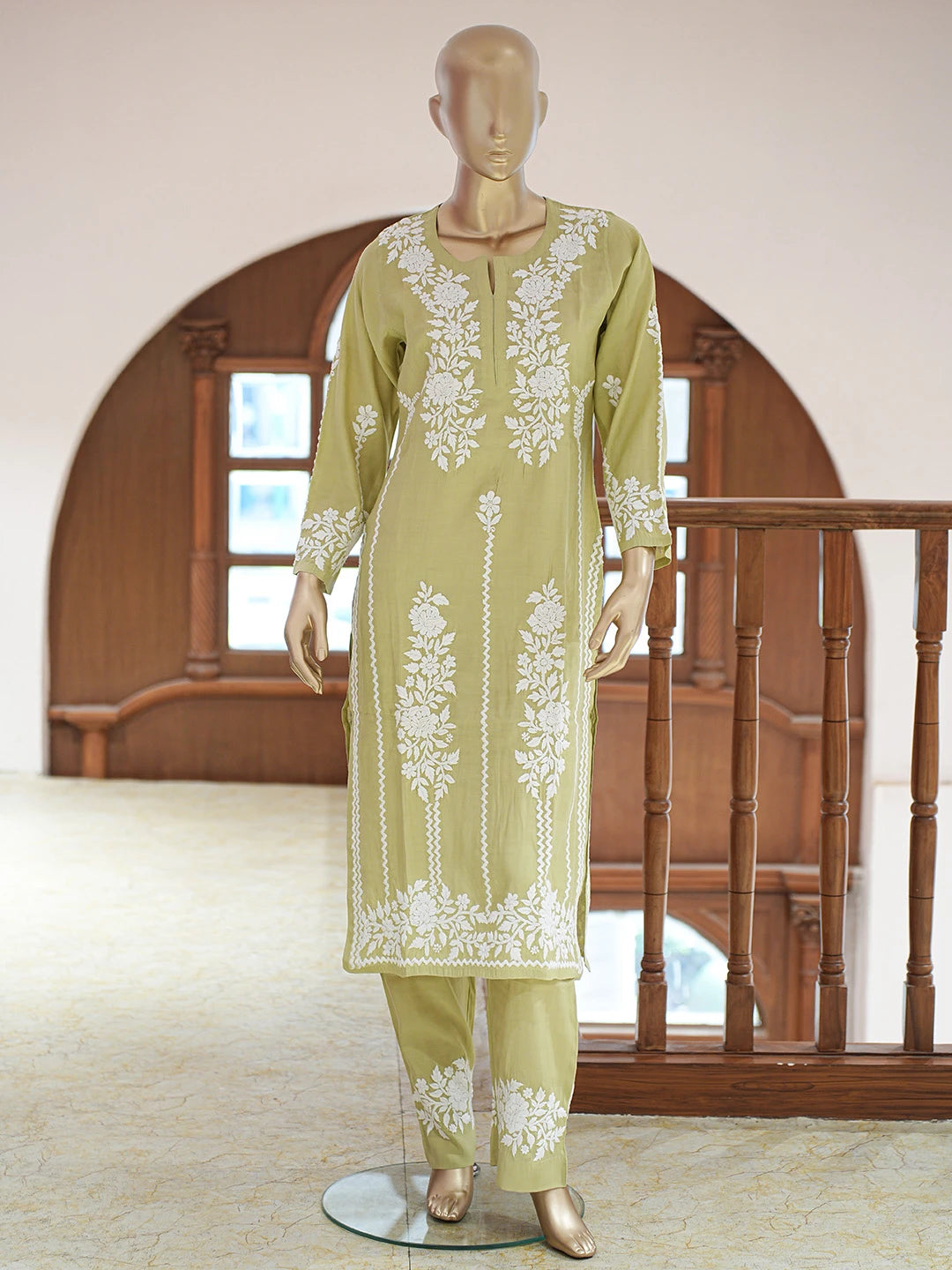 Ada Hand Embroidered Pistachio Green Chanderi Lucknowi Chikankari Co-Ord Set 01A845969