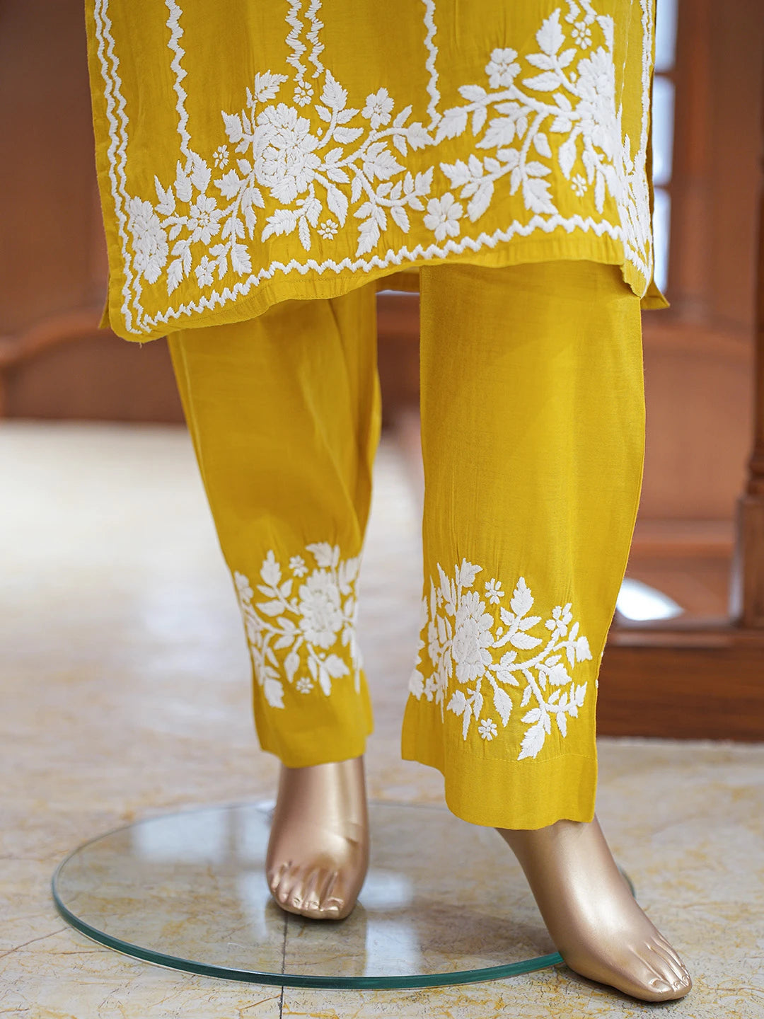 Ada Hand Embroidered Citrine Yellow Chanderi Lucknowi Chikankari Co-Ord Set 01A845937
