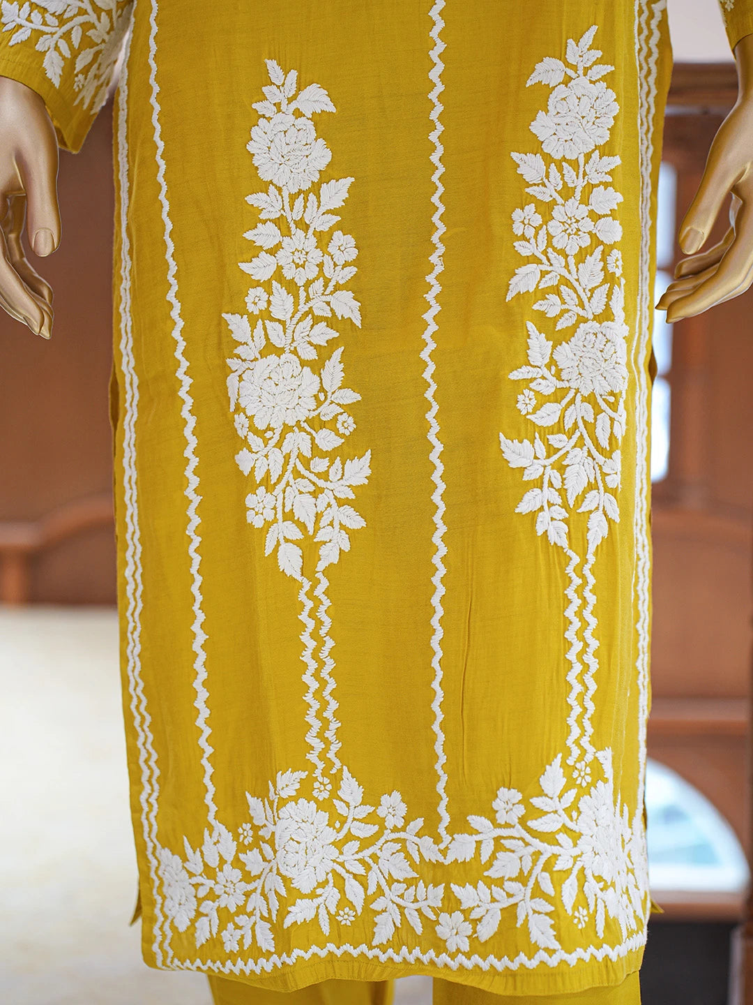 Ada Hand Embroidered Citrine Yellow Chanderi Lucknowi Chikankari Co-Ord Set 01A845937