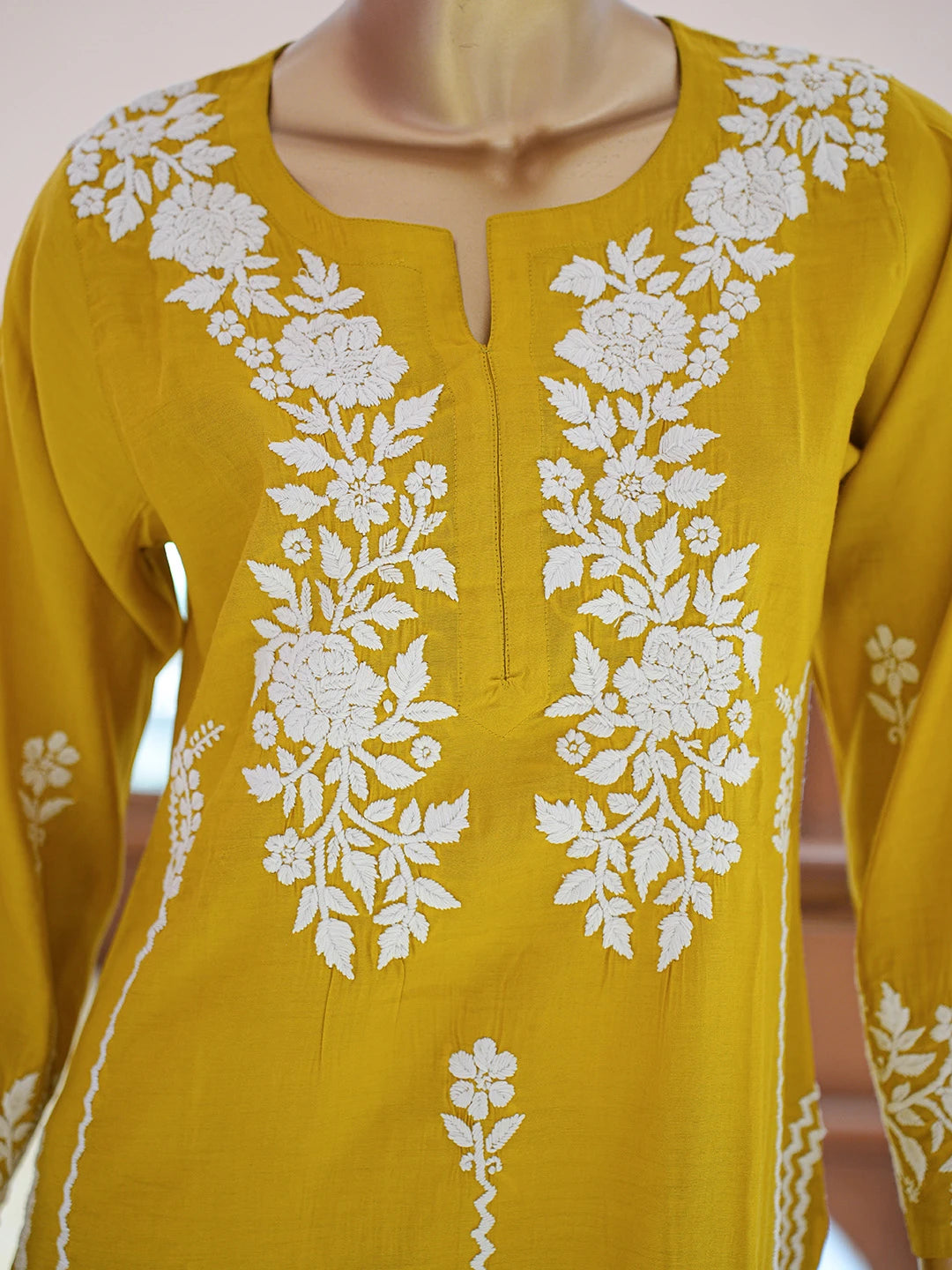Ada Hand Embroidered Citrine Yellow Chanderi Lucknowi Chikankari Co-Ord Set 01A845937