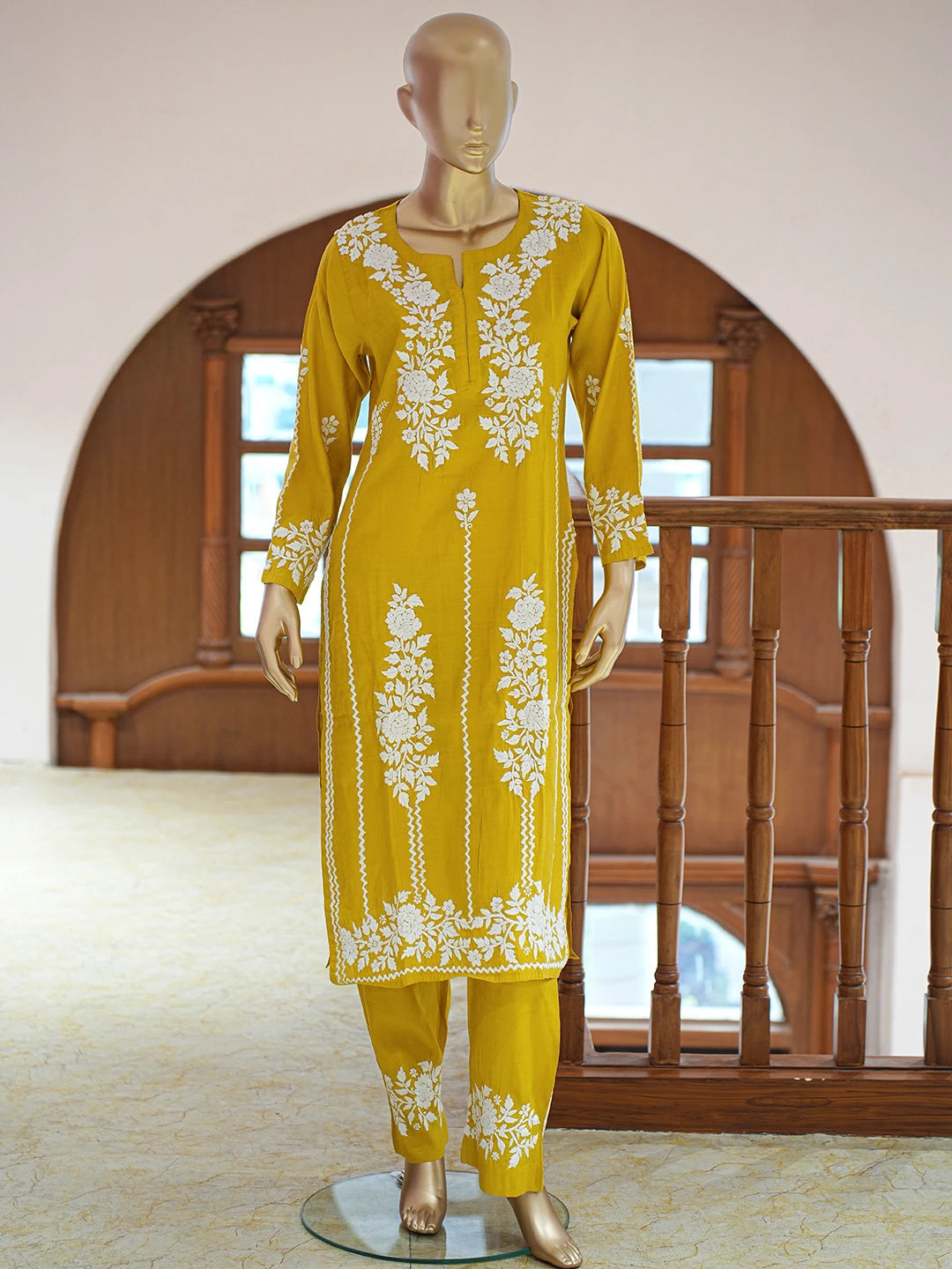 Ada Hand Embroidered Citrine Yellow Chanderi Lucknowi Chikankari Co-Ord Set 01A845937