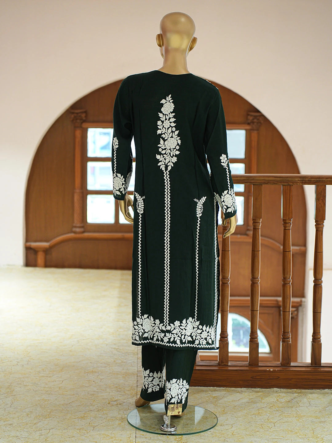 Ada Hand Embroidered Bottle Green Chanderi Lucknowi Chikankari Co-Ord Set 01A845991
