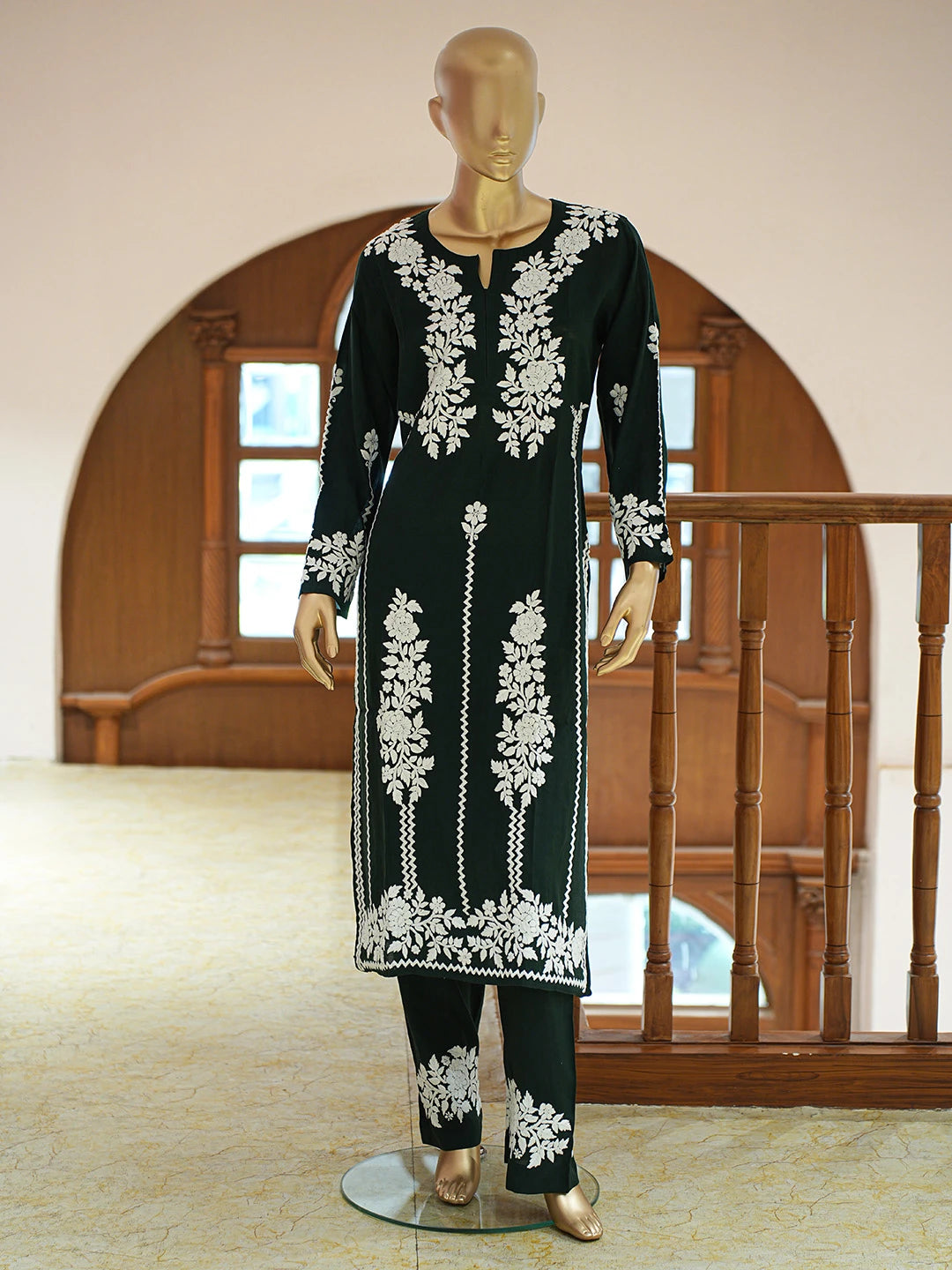 Ada Hand Embroidered Bottle Green Chanderi Lucknowi Chikankari Co-Ord Set 01A845991